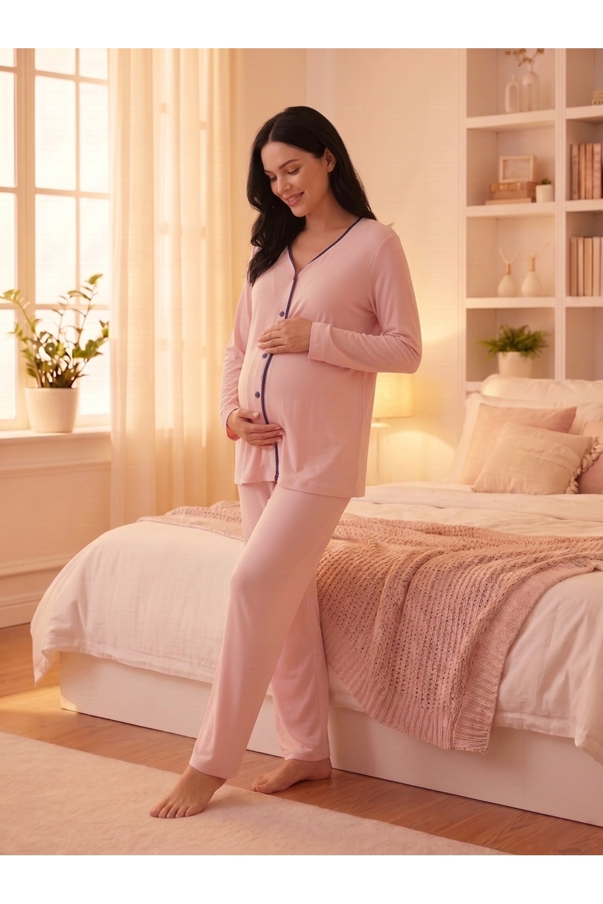 Viskon Dokulu Önden Düğmeli Pembe Lohusa & Hamile Pijama Takımı