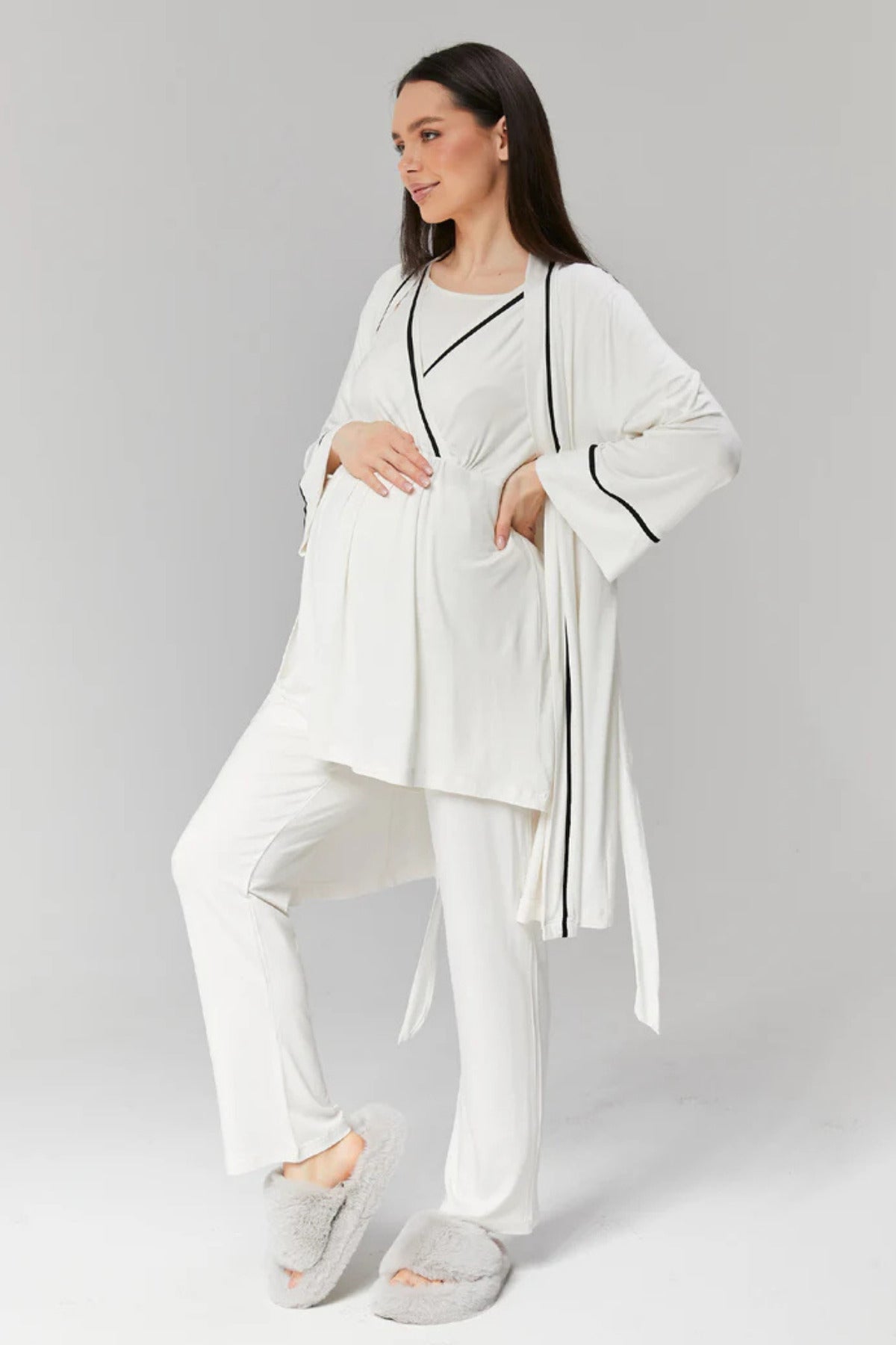 Ekru - Sabahlıklı Biye Geçişli Lohusa Pijama Takımı