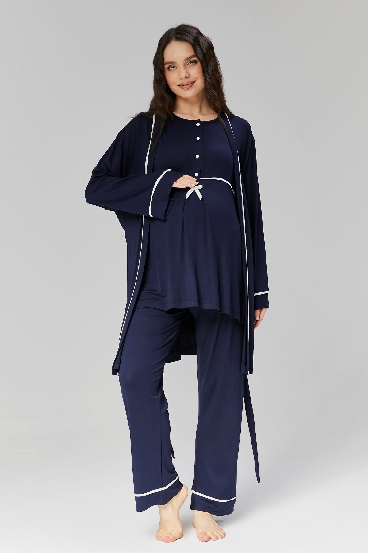 Lacivert - Sabahlıklı Biye Geçişli Lohusa Pijama Takımı