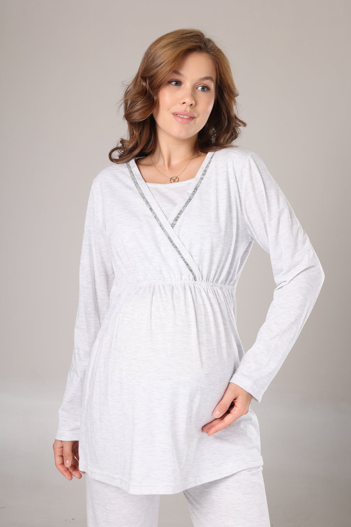 Gri Melanj - Kışlık Koyu Gri Sabahlıklı Emzirmeye Uygun Kruvaze Lohusa Pijama Takımı