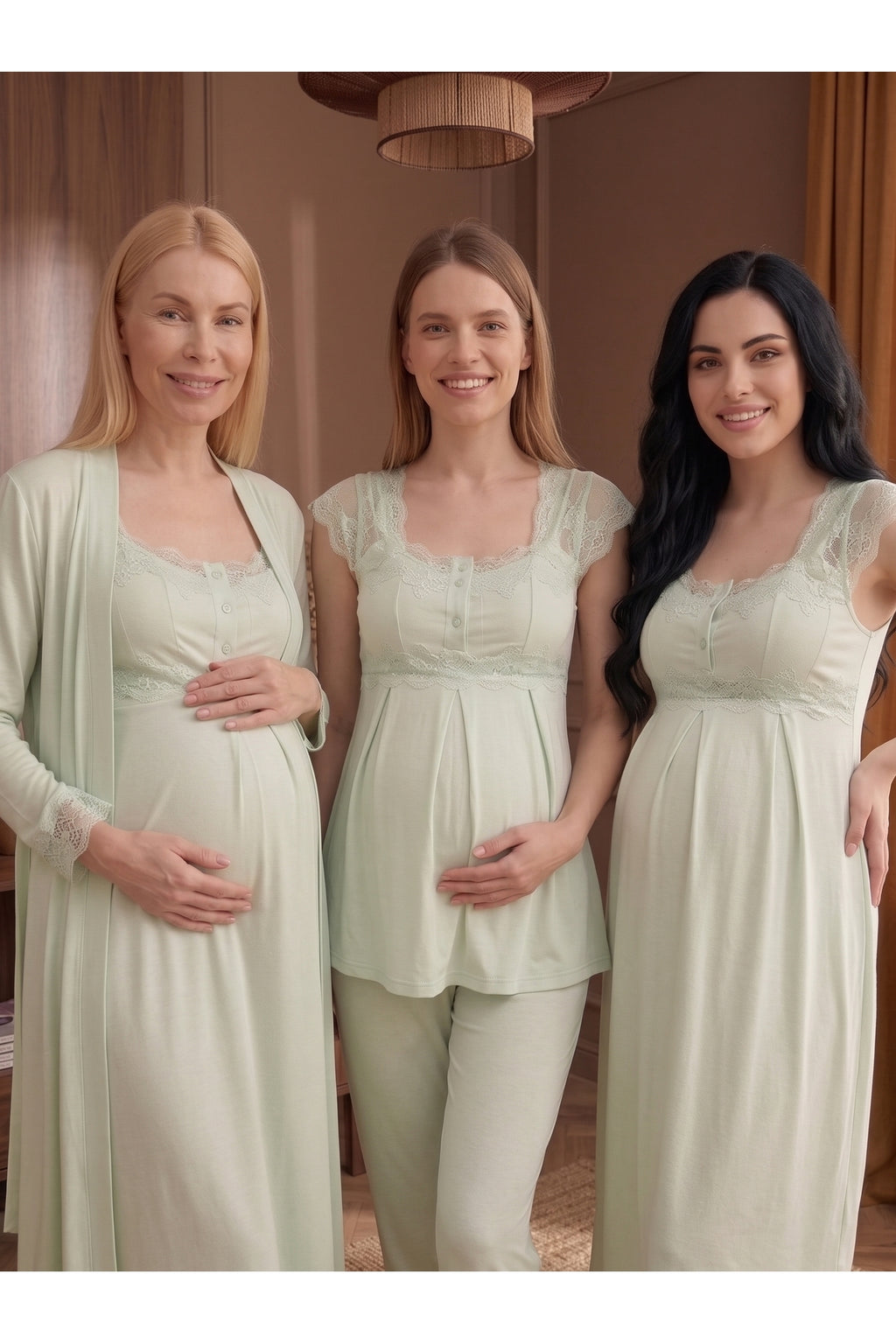Yeşil - Dantel Detaylı Sabahlıklı Lohusa Gecelik & Pijama Takımı 4'lü Doğum Seti