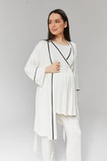 Ekru - Sabahlıklı Biye Geçişli Lohusa Pijama Takımı