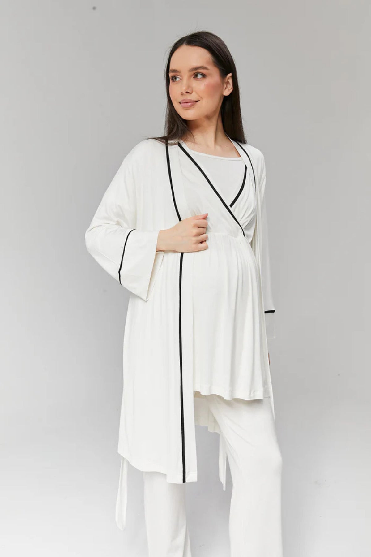 Ekru - Sabahlıklı Biye Geçişli Lohusa Pijama Takımı