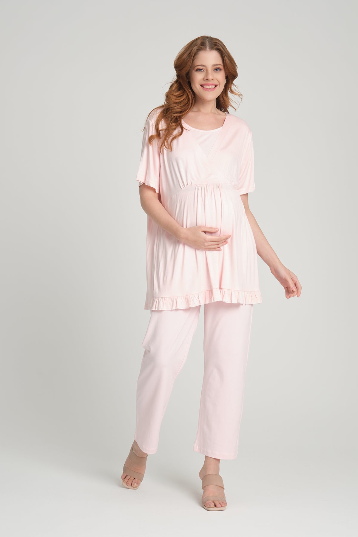 Volan Kol Sabahlıklı Kruvaze Lohusa Pijama Takımı - 2382