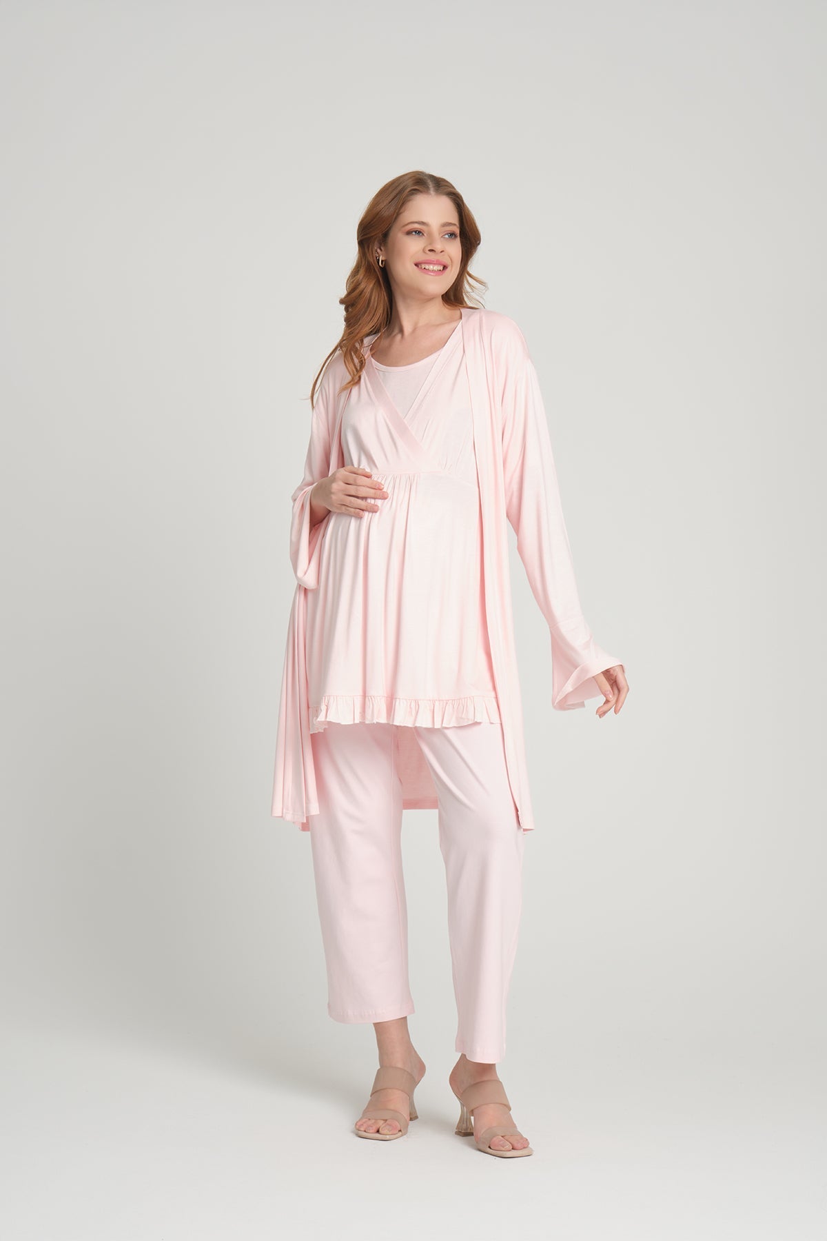 Volan Kol Sabahlıklı Kruvaze Lohusa Pijama Takımı - 2382