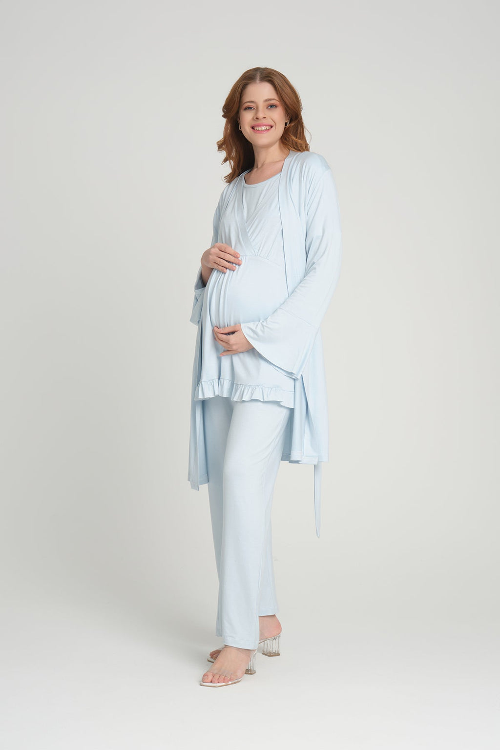 Mavi Volan Kol Sabahlıklı Kruvaze Lohusa Pijama Takımı - 2364