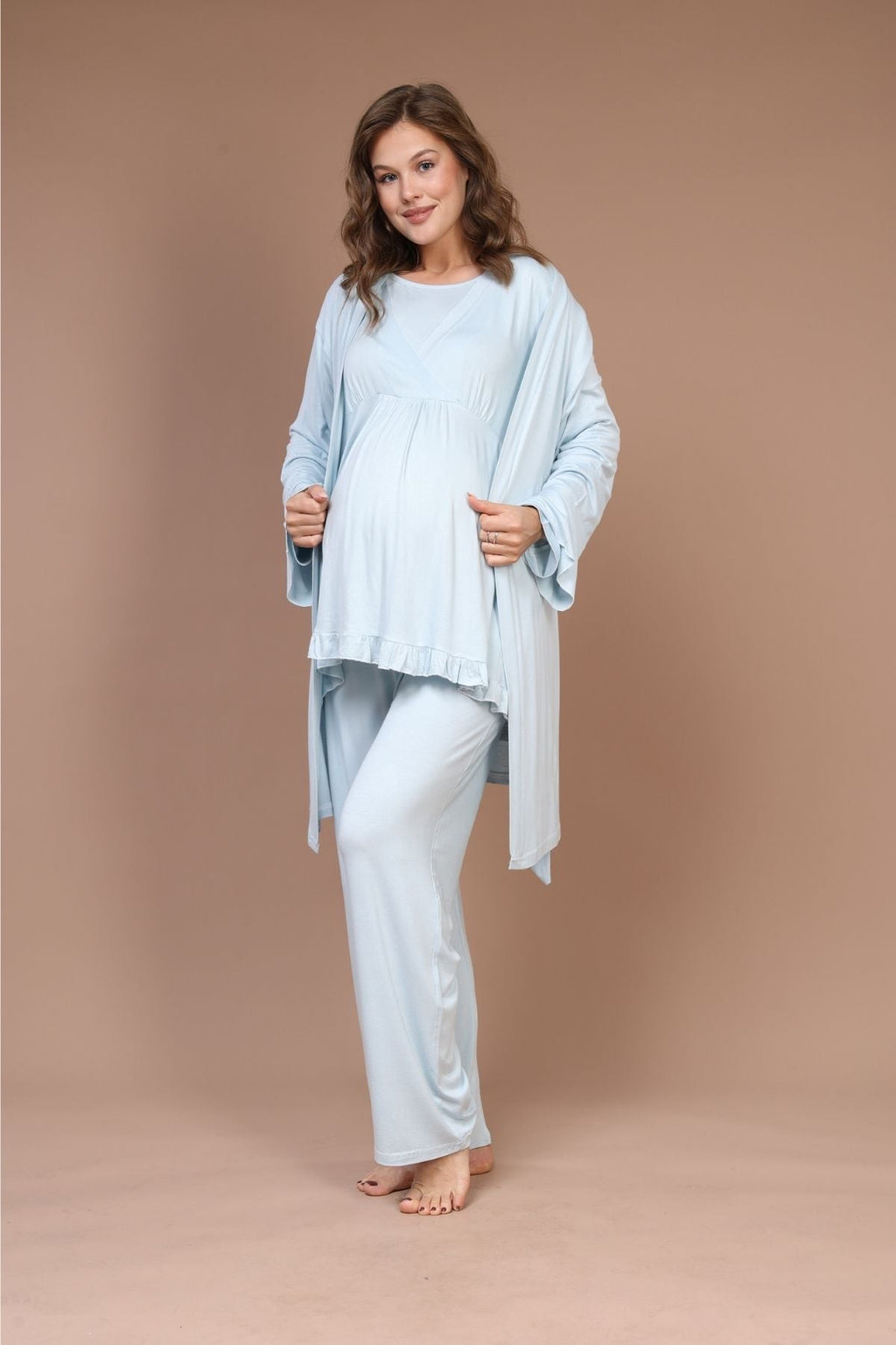 Mavi Kruvaze Sade  Sabahlıklı Lohusa Pijama Takımı - 625 -