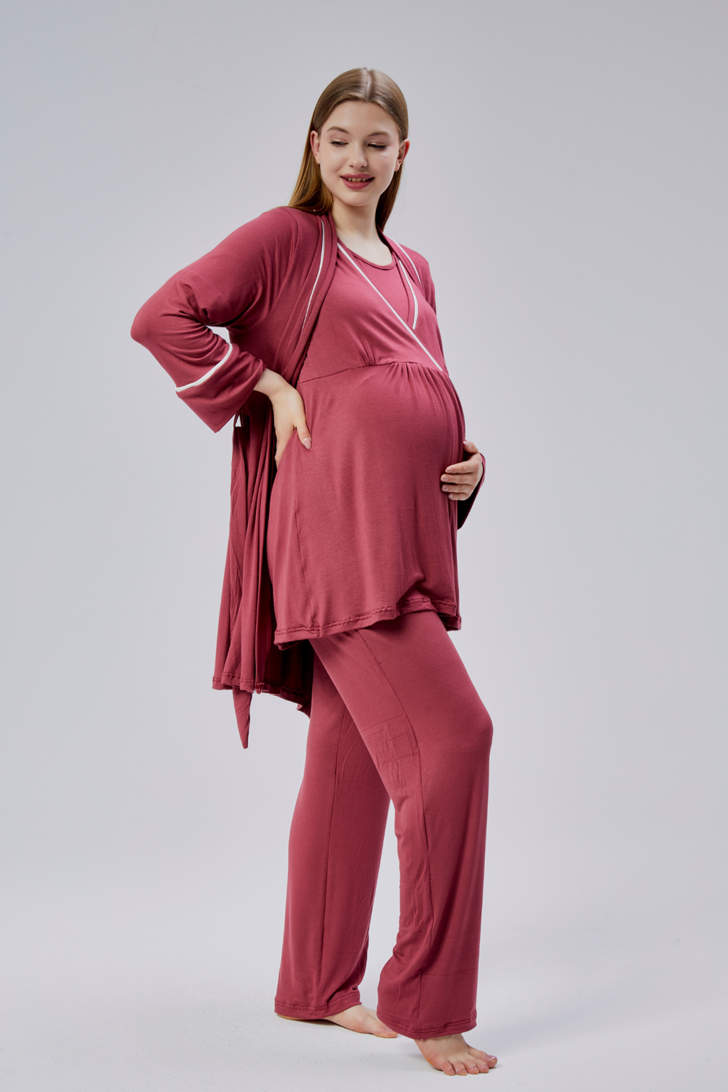 Narçiçeği Biyeli Sabahlıklı Lohusa Pijama Takımı-0810