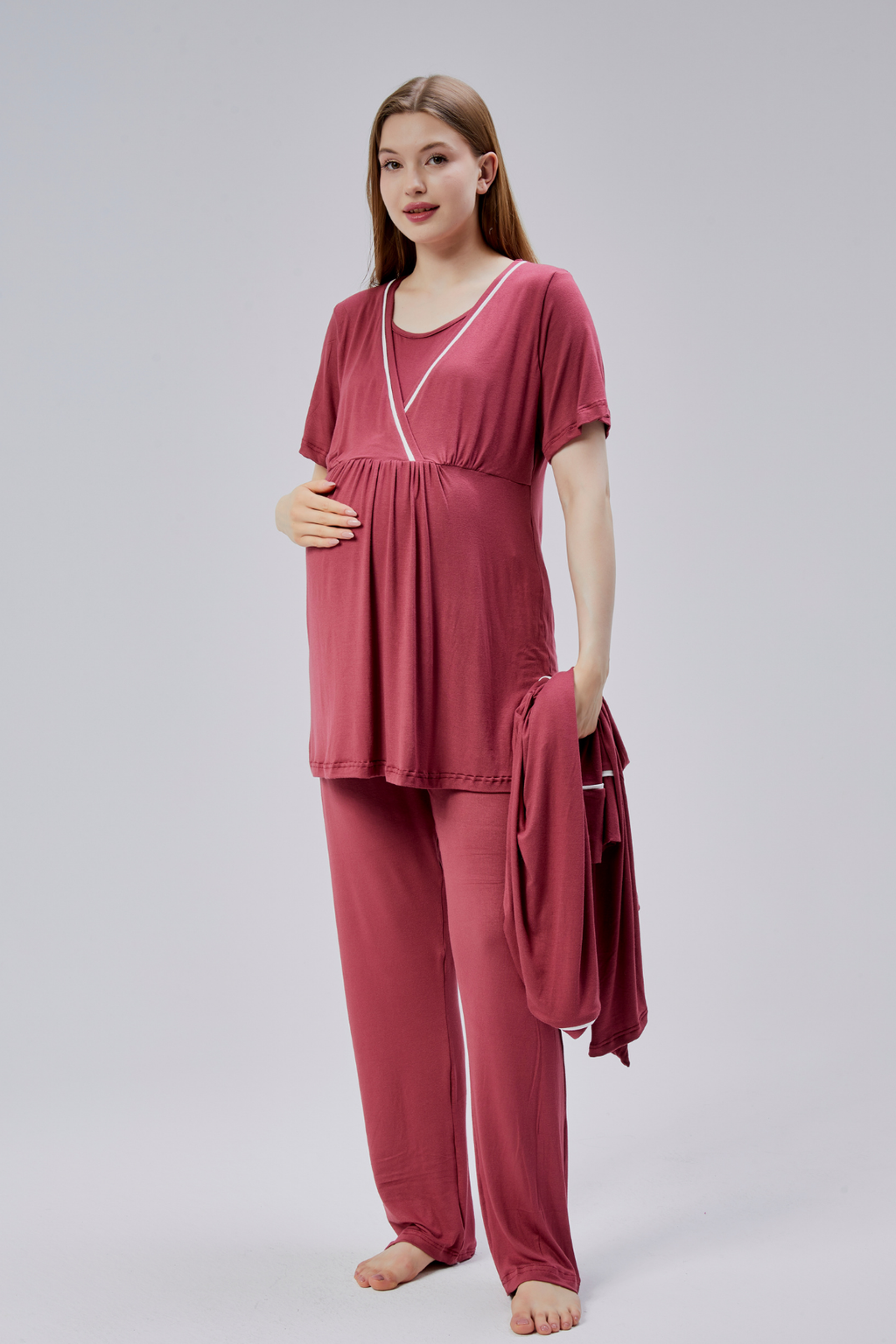 Narçiçeği Biyeli Sabahlıklı Lohusa Pijama Takımı-0810