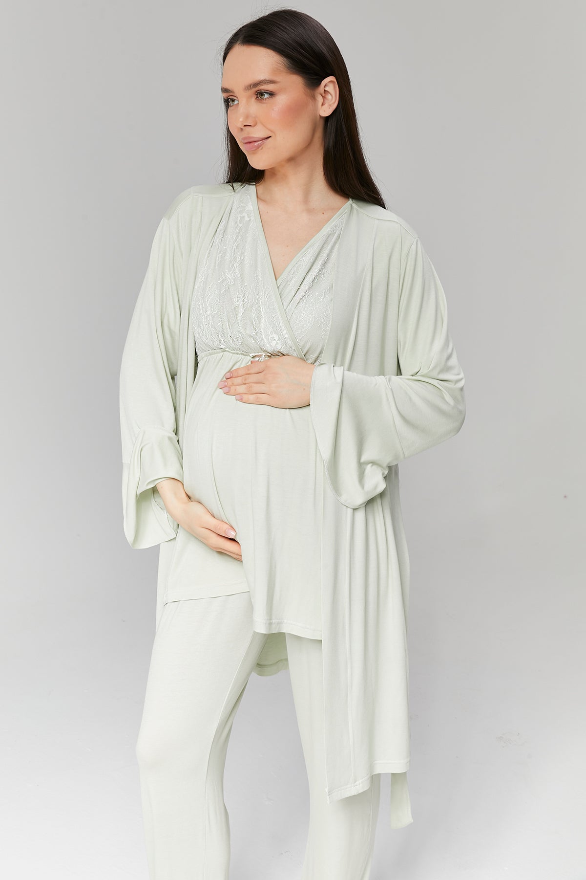 Mint Yeşili Volan Kol Sabahlıklı Dantelli Kruvaze Lohusa Pijama Takımı - 502
