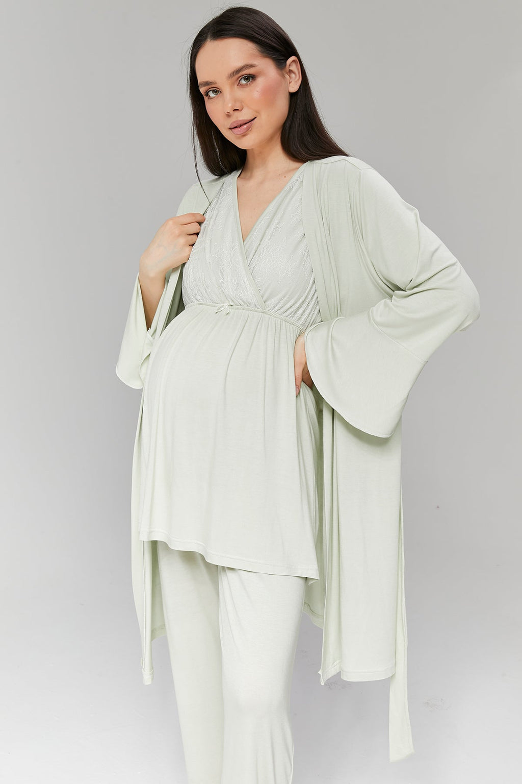 Mint Yeşili Volan Kol Sabahlıklı Dantelli Kruvaze Lohusa Pijama Takımı - 502