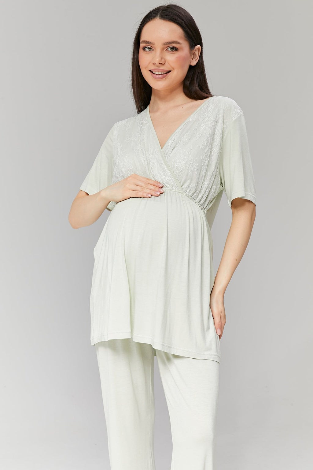 Mint Yeşili Volan Kol Sabahlıklı Dantelli Kruvaze Lohusa Pijama Takımı - 502