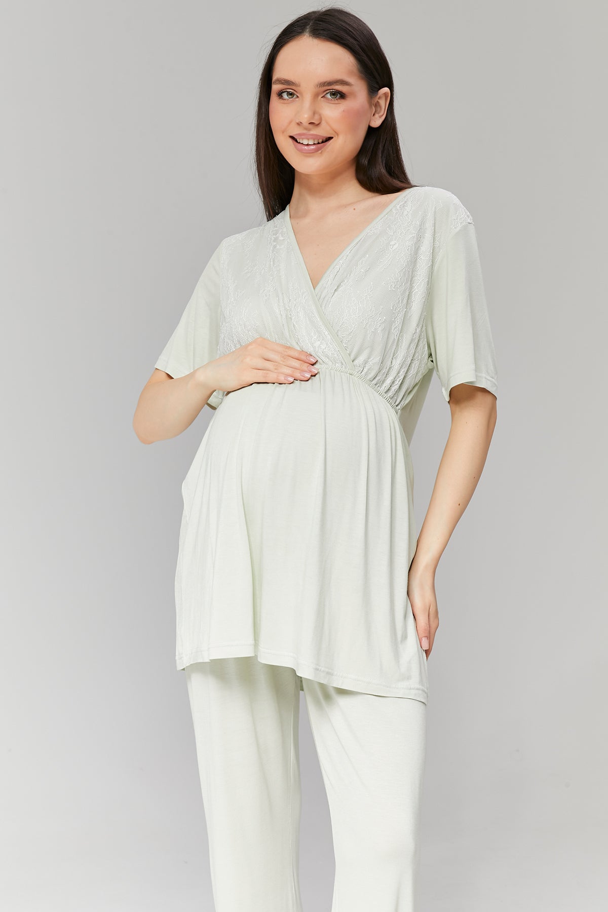 Mint Yeşili Volan Kol Sabahlıklı Dantelli Kruvaze Lohusa Pijama Takımı - 502