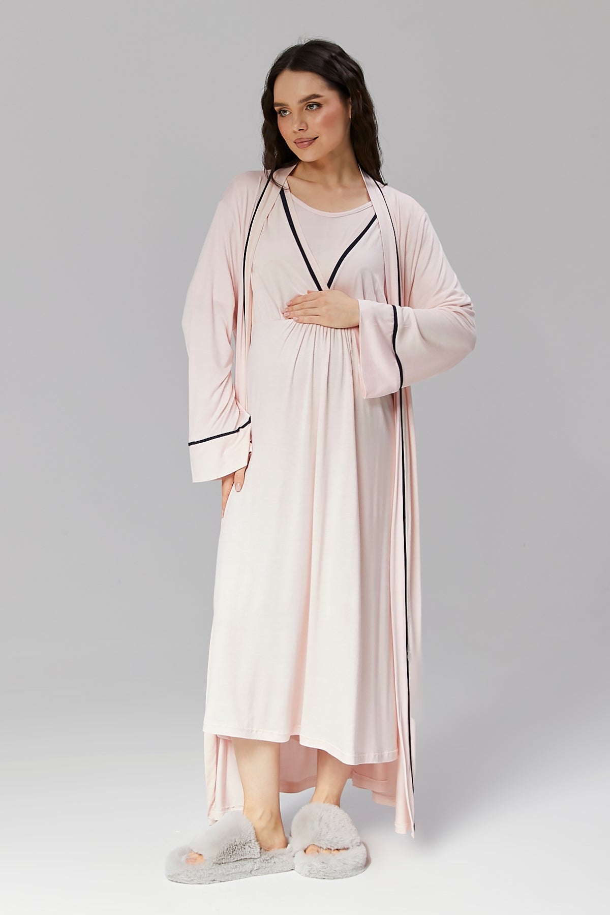 Pembe Biyeli Sabahlıklı Kruvaze Lohusa Gecelik Takımı- 504