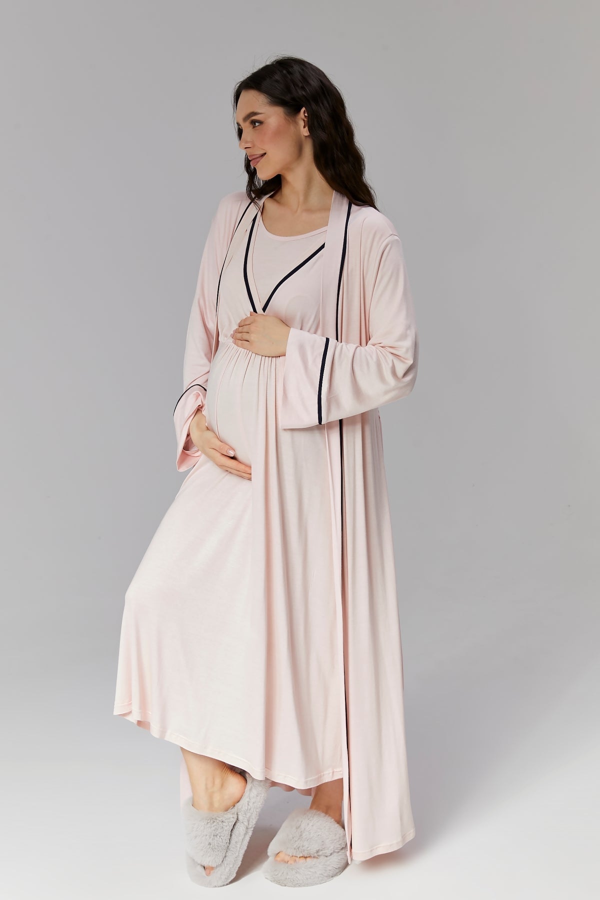 Pembe Biyeli Sabahlıklı Kruvaze Lohusa Gecelik Takımı- 504