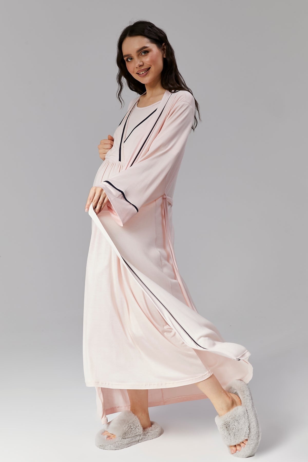 Pembe Biyeli Sabahlıklı Kruvaze Lohusa Gecelik Takımı- 504