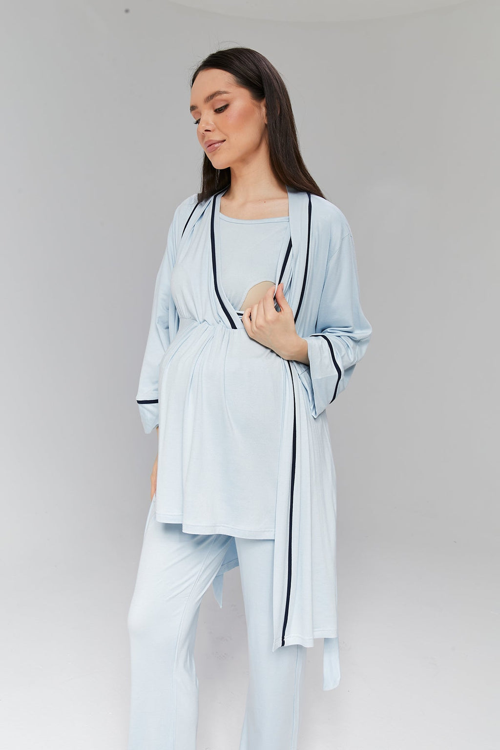 Mavi Biye Geçişli Sabahlıklı Kruvaze Lohusa Pijama Takımı