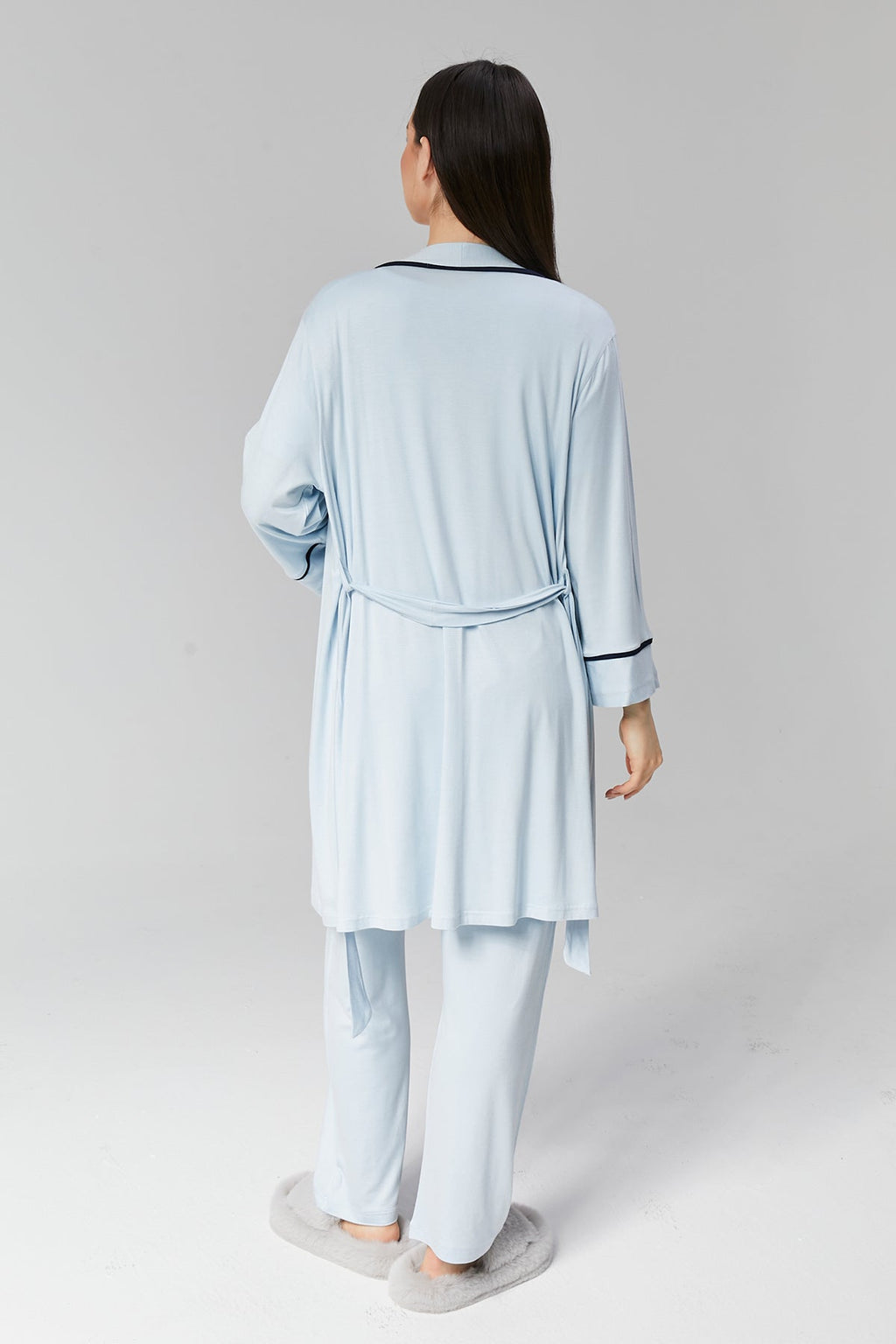 Mavi Biye Geçişli Sabahlıklı Kruvaze Lohusa Pijama Takımı