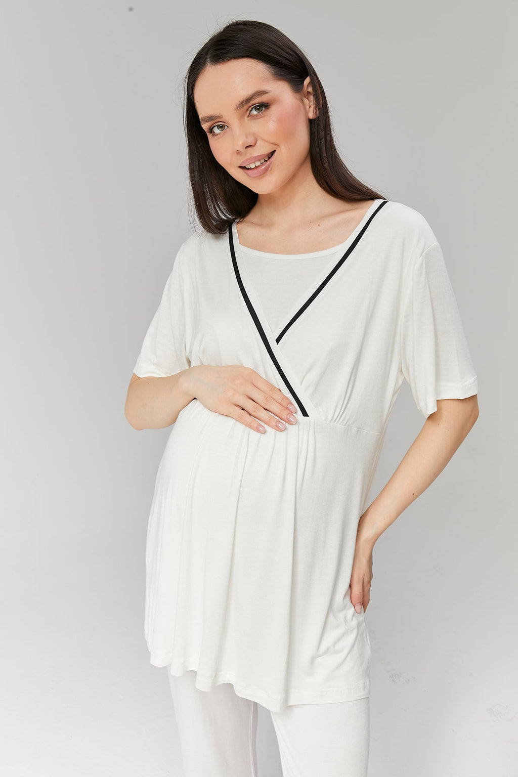 Ekru Biyeli Sabahlıklı Kruvaze Lohusa Pijama Takımı