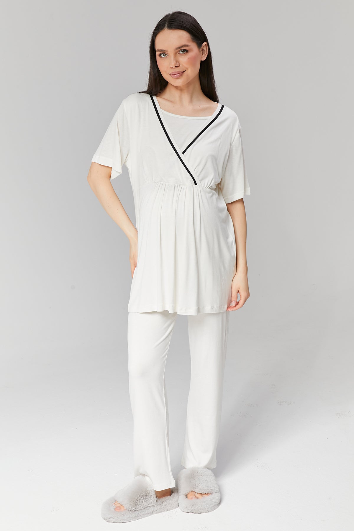 Ekru Biyeli Sabahlıklı Kruvaze Lohusa Pijama Takımı