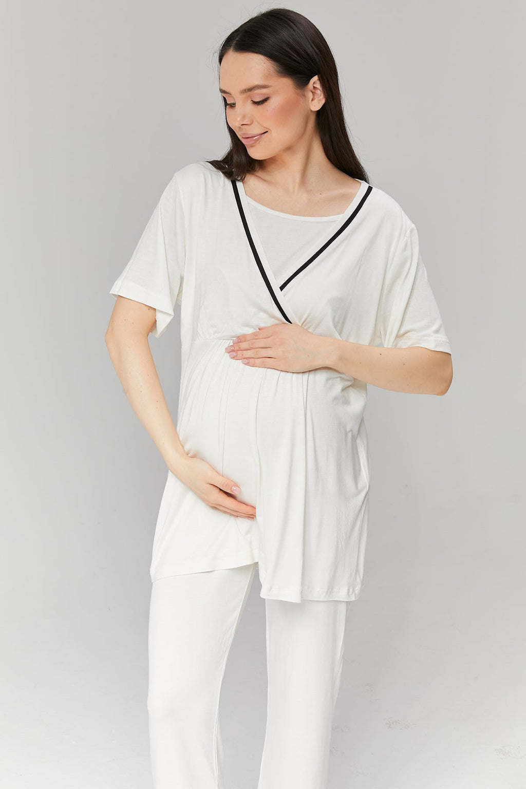 Ekru Biyeli Sabahlıklı Kruvaze Lohusa Pijama Takımı