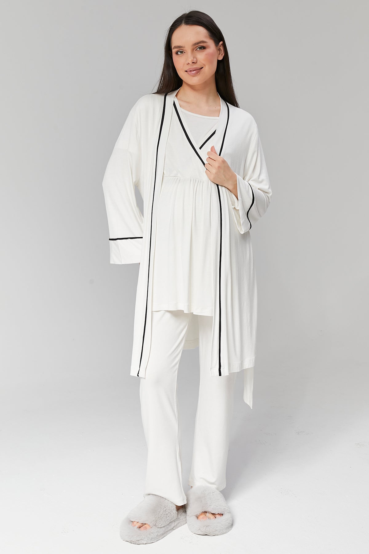 Ekru Biyeli Sabahlıklı Kruvaze Lohusa Pijama Takımı