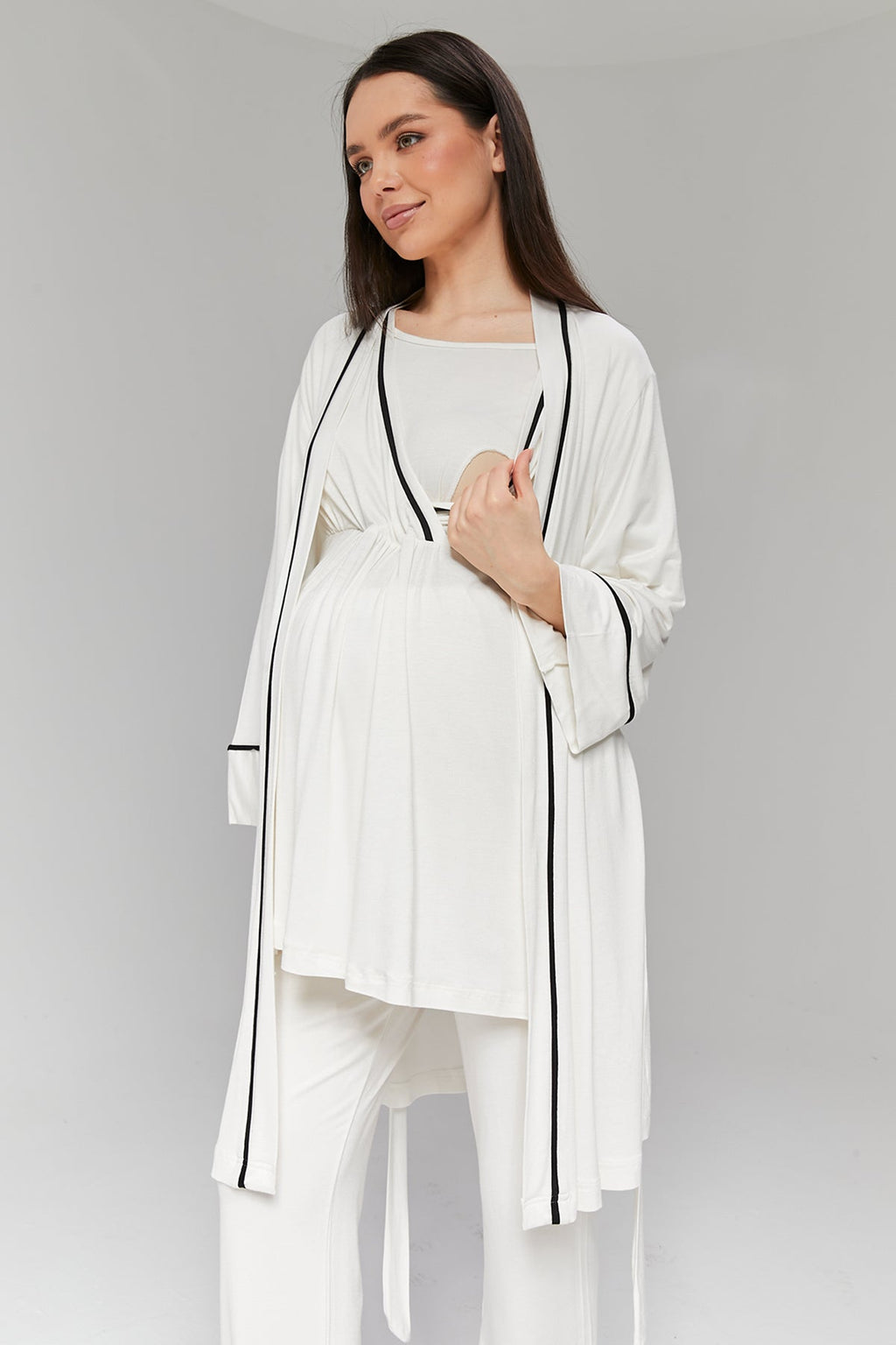 Ekru Biyeli Sabahlıklı Kruvaze Lohusa Pijama Takımı