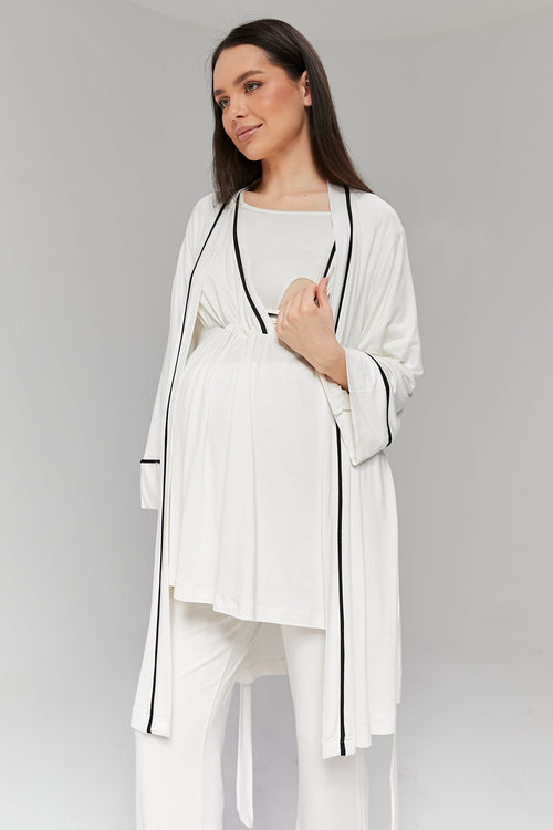 Ekru Biyeli Sabahlıklı Kruvaze Lohusa Pijama Takımı