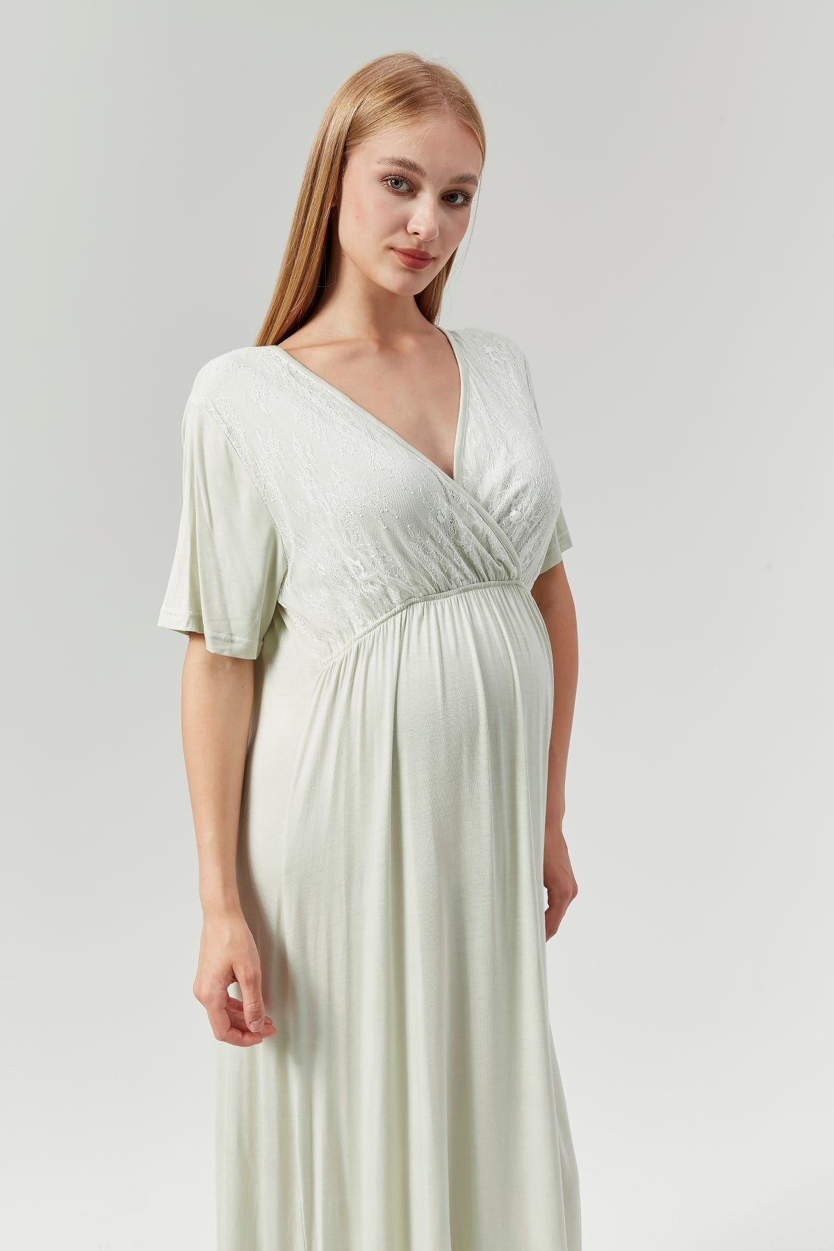 Mint Yeşili Sabahlıklı Dantelli Kruvaze Lohusa Gecelik Takımı - 525