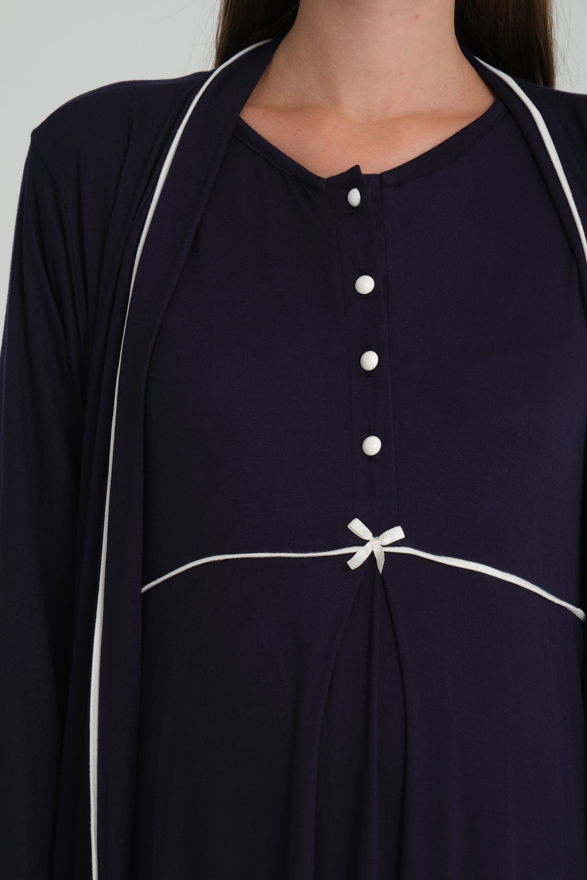 Lacivert Biyeli Sabahlıklı  Lohusa Gecelik Takımı - 535