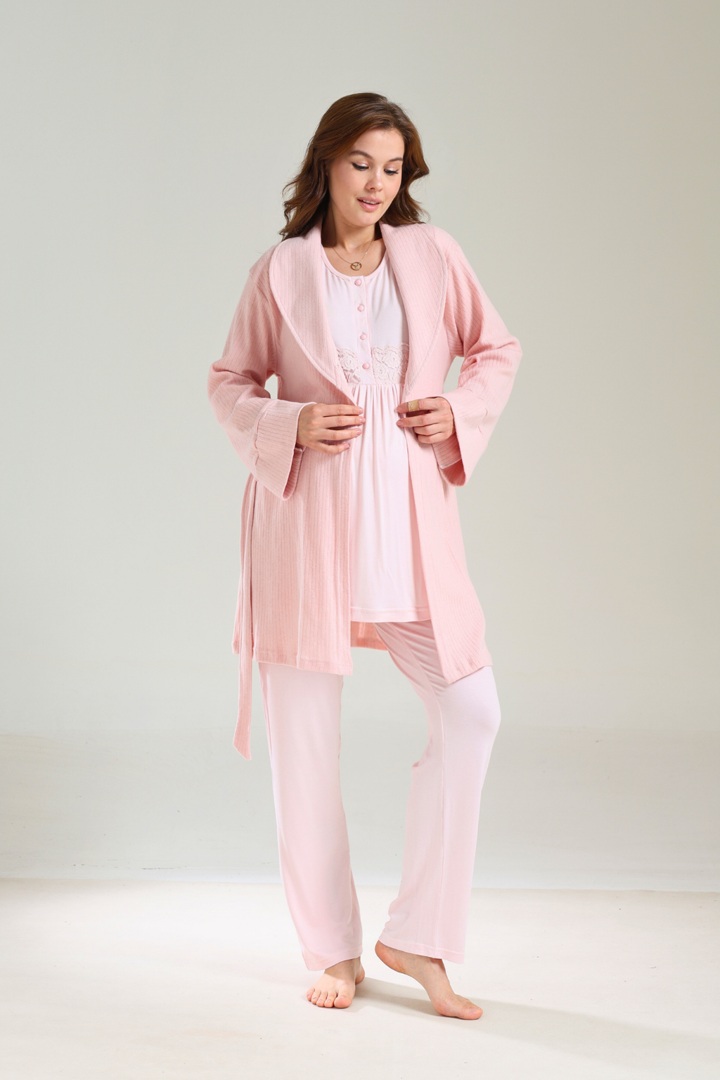 Yumuşak Dokulu Sabahlıklı Lohusa Pijama Takımı 1036