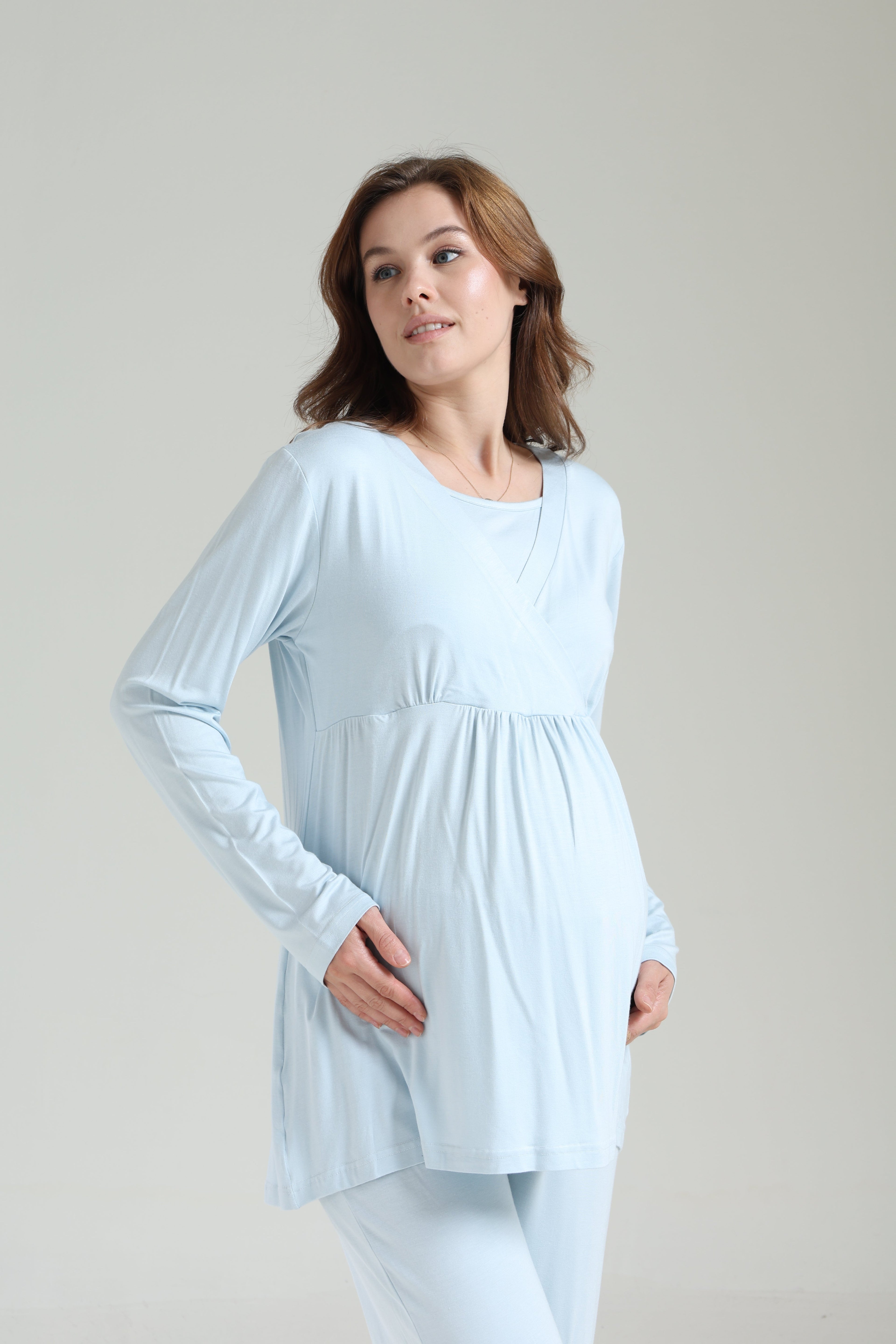Mavi  Bebe Yaka Sabahlıklı Kruvaze Lohusa Pijama Takımı 1039