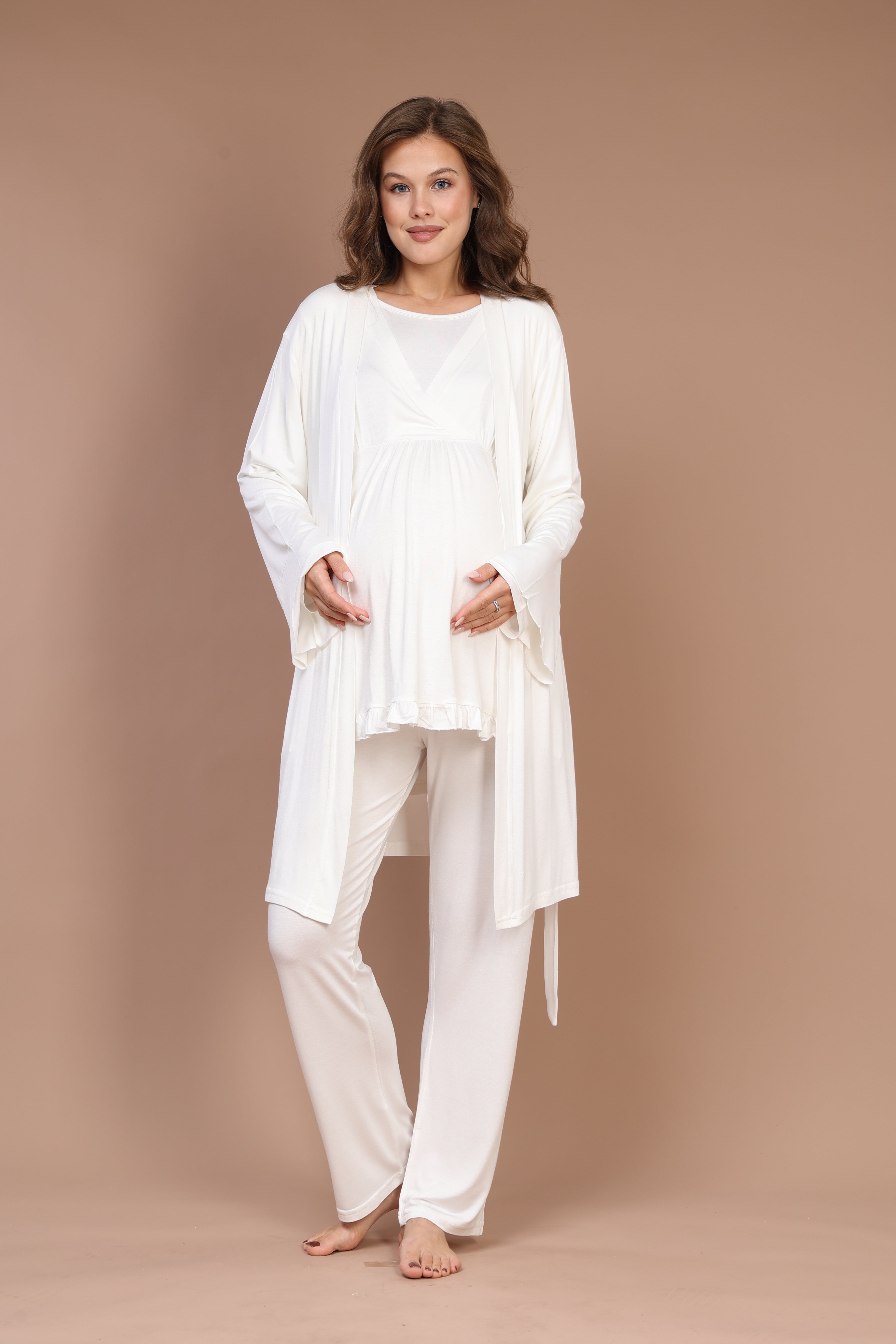 Ekru Kruvaze Sade  Sabahlıklı Lohusa Pijama Takımı - 624