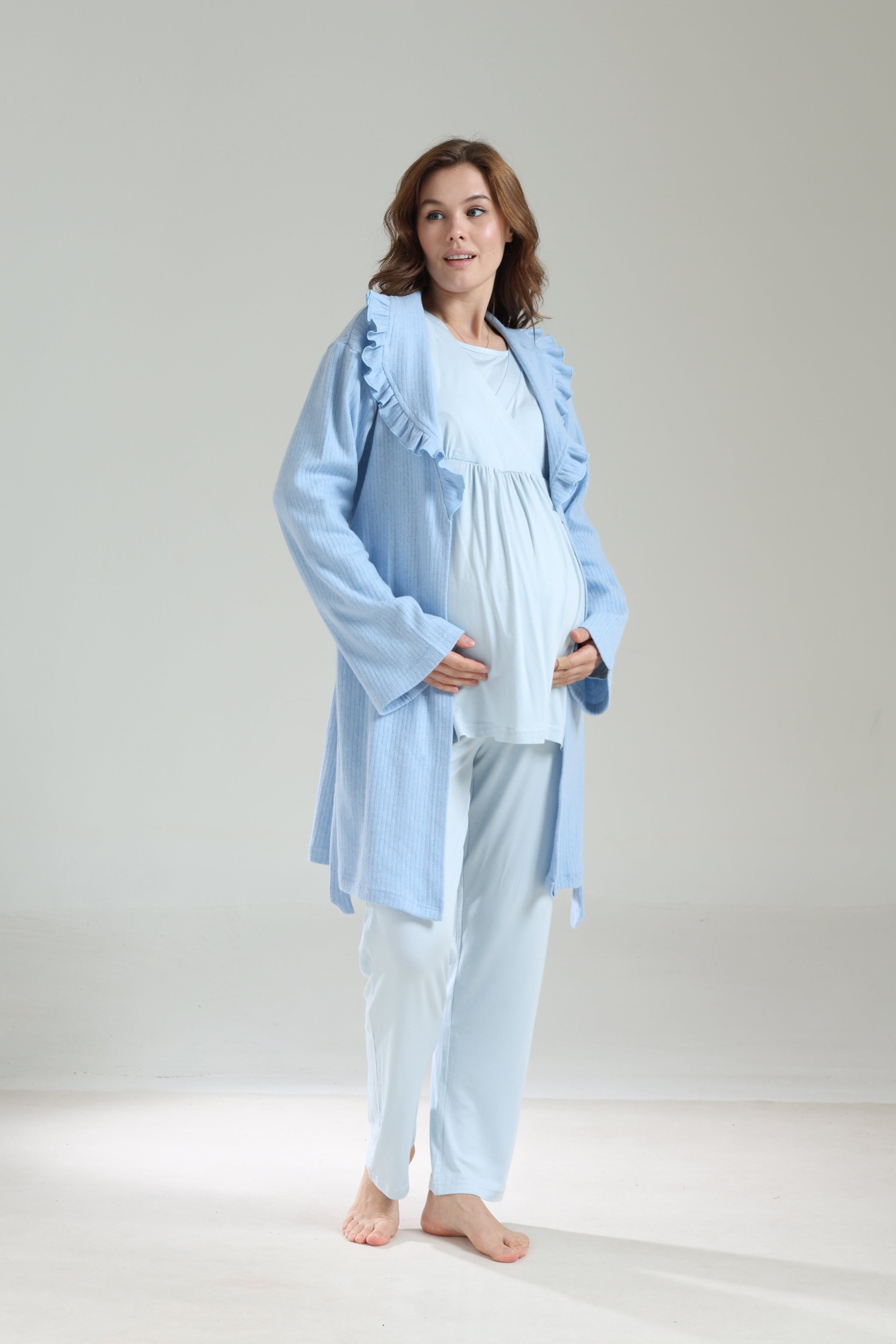 Mavi  Bebe Yaka Sabahlıklı Kruvaze Lohusa Pijama Takımı 1039