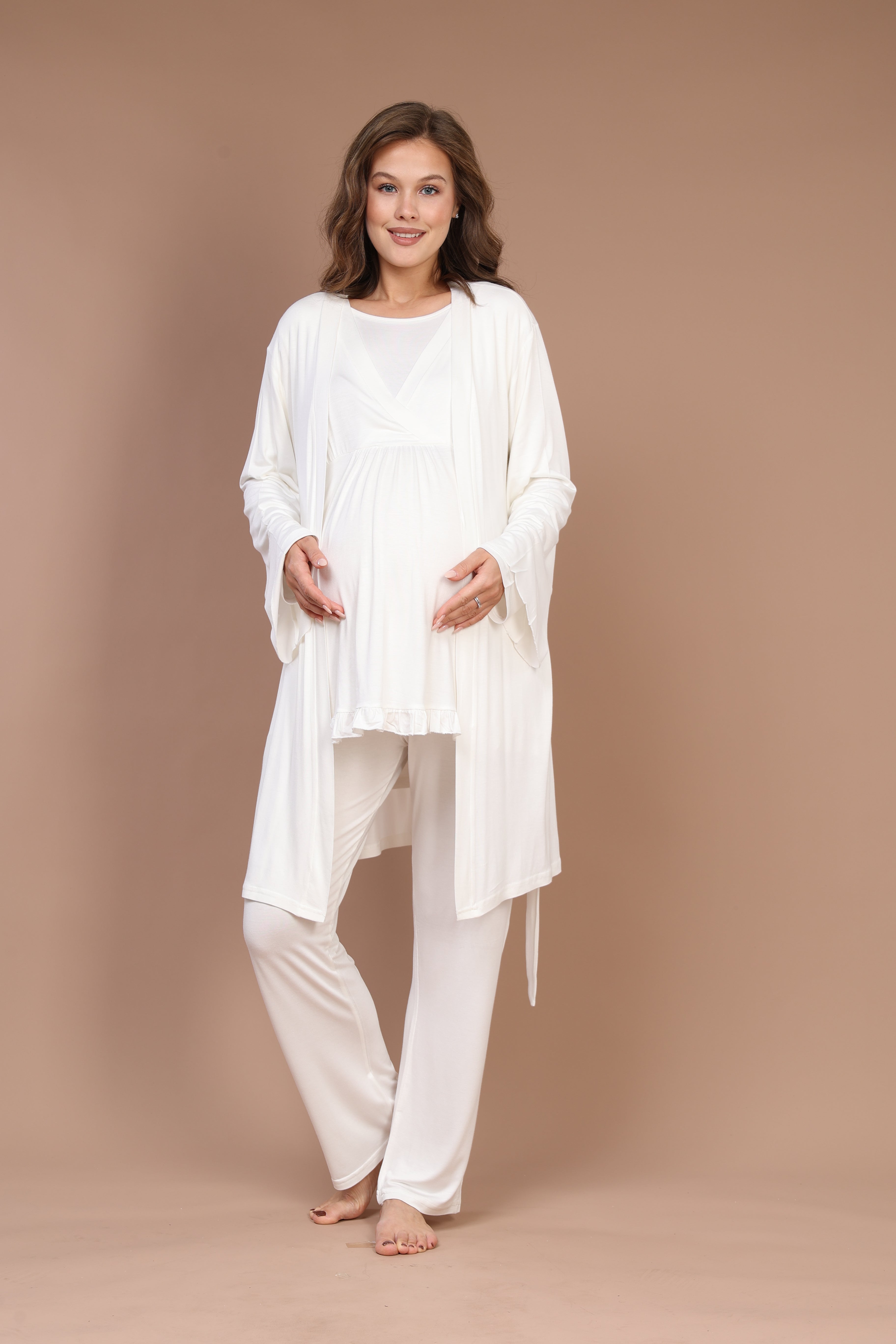 Ekru Kruvaze Sade  Sabahlıklı Lohusa Pijama Takımı - 624