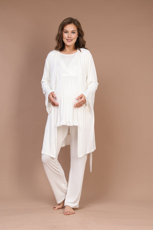Ekru Kruvaze Sade  Sabahlıklı Lohusa Pijama Takımı - 624