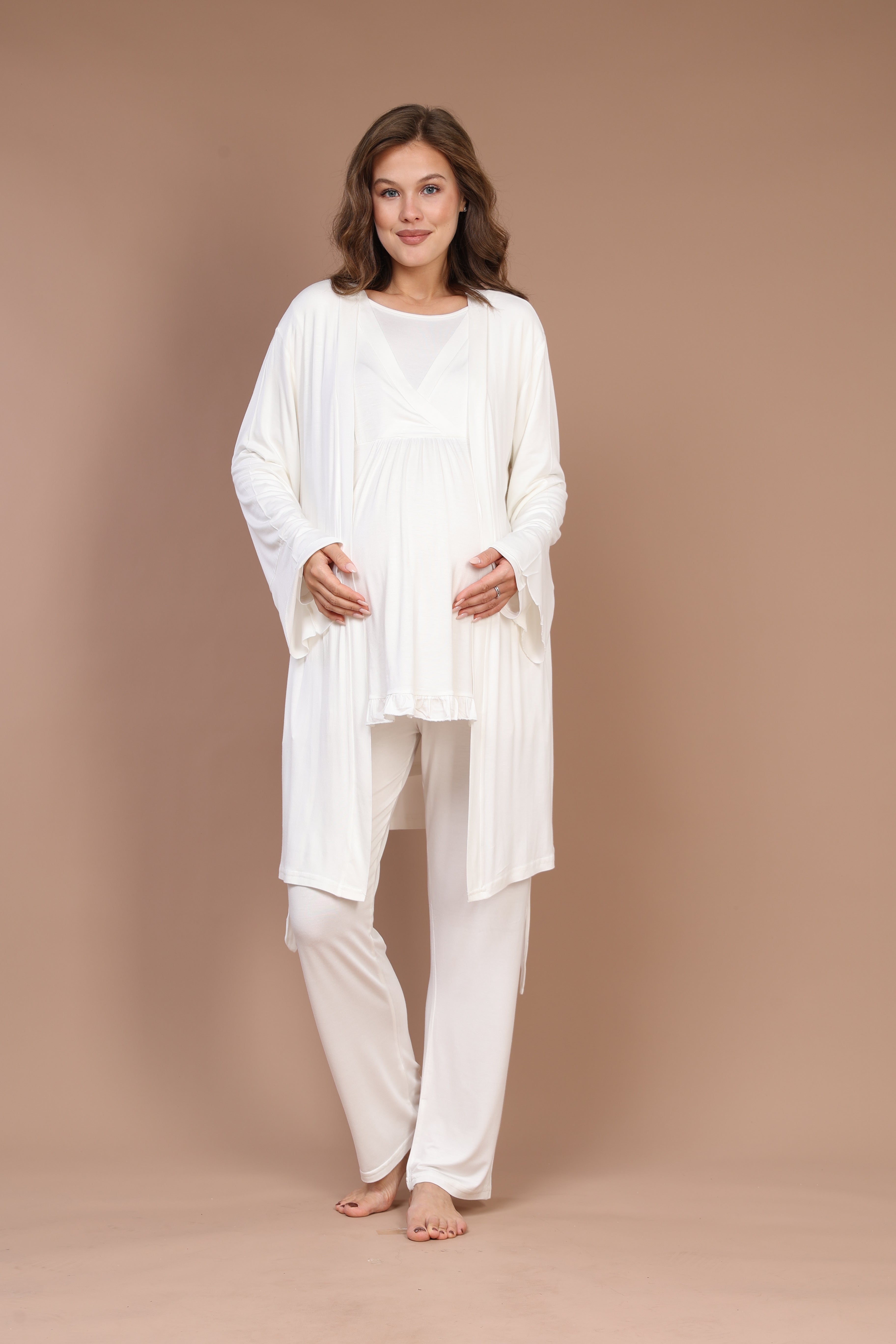 Ekru Kruvaze Sade  Sabahlıklı Lohusa Pijama Takımı - 624