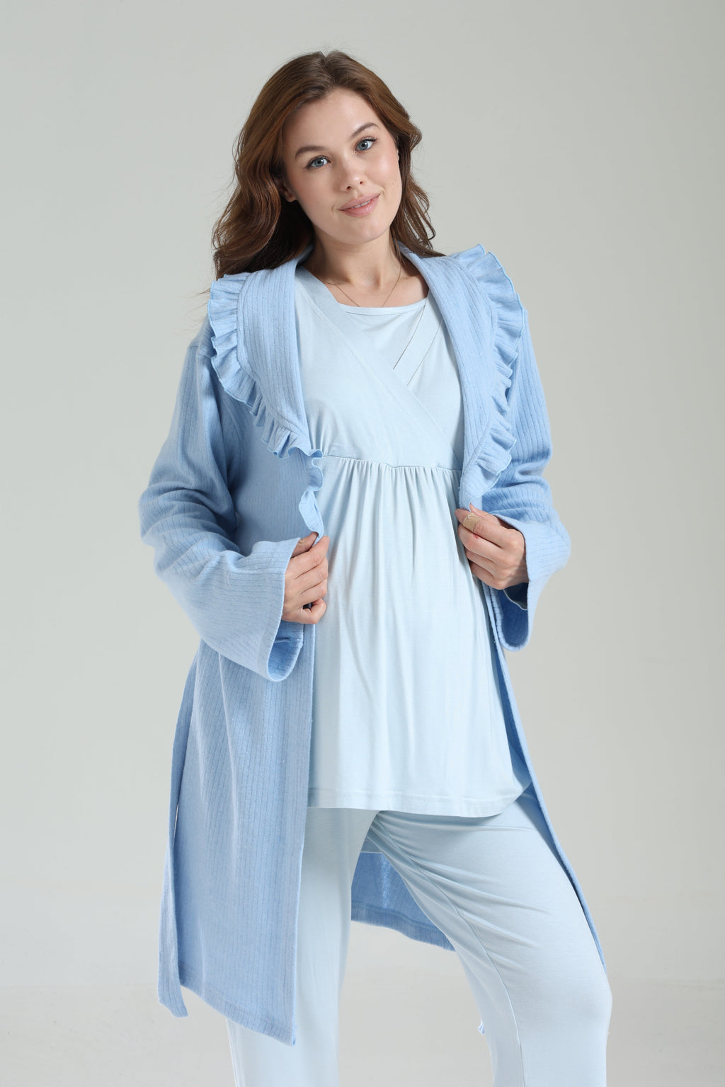Mavi  Bebe Yaka Sabahlıklı Kruvaze Lohusa Pijama Takımı 1039