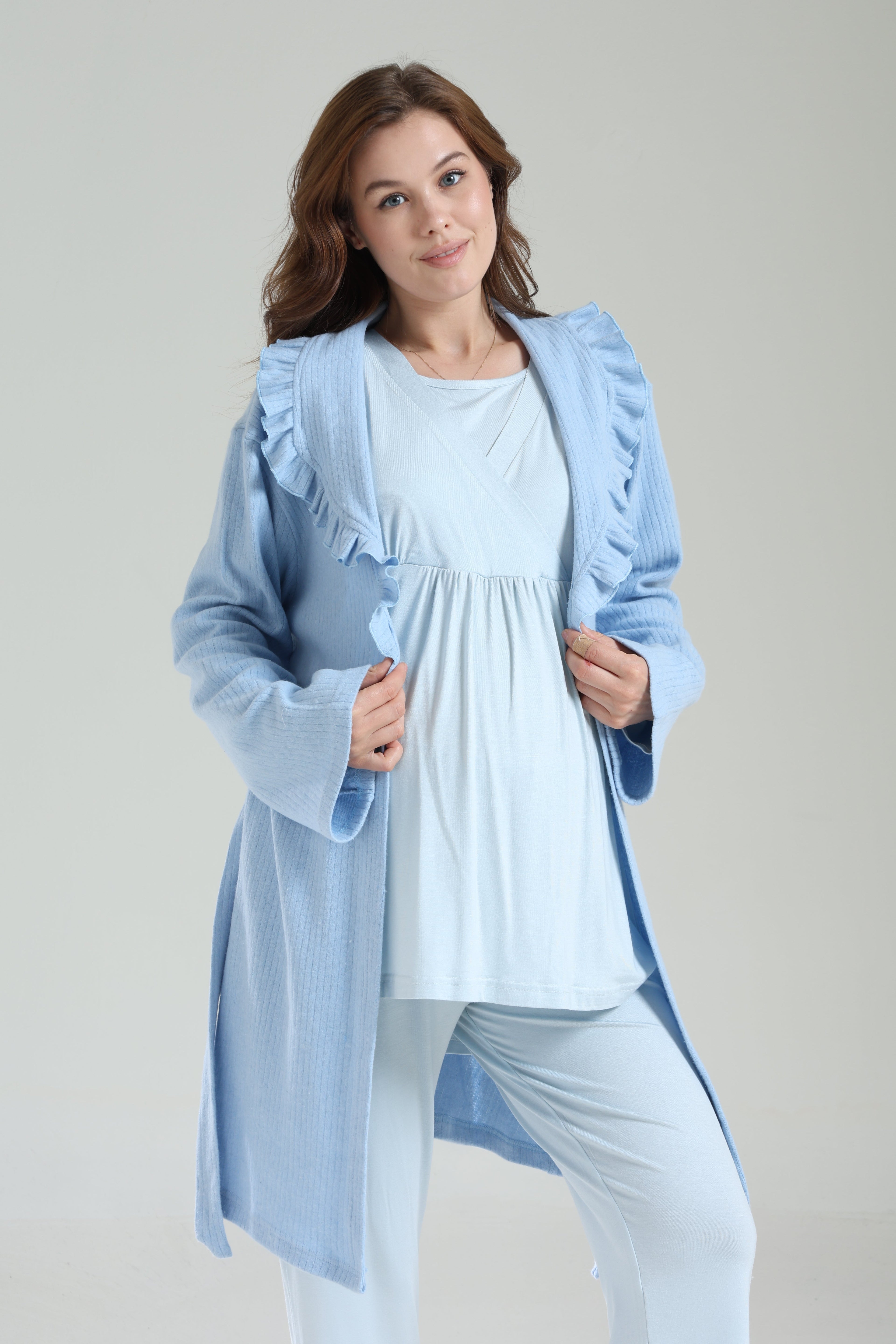 Mavi  Bebe Yaka Sabahlıklı Kruvaze Lohusa Pijama Takımı 1039