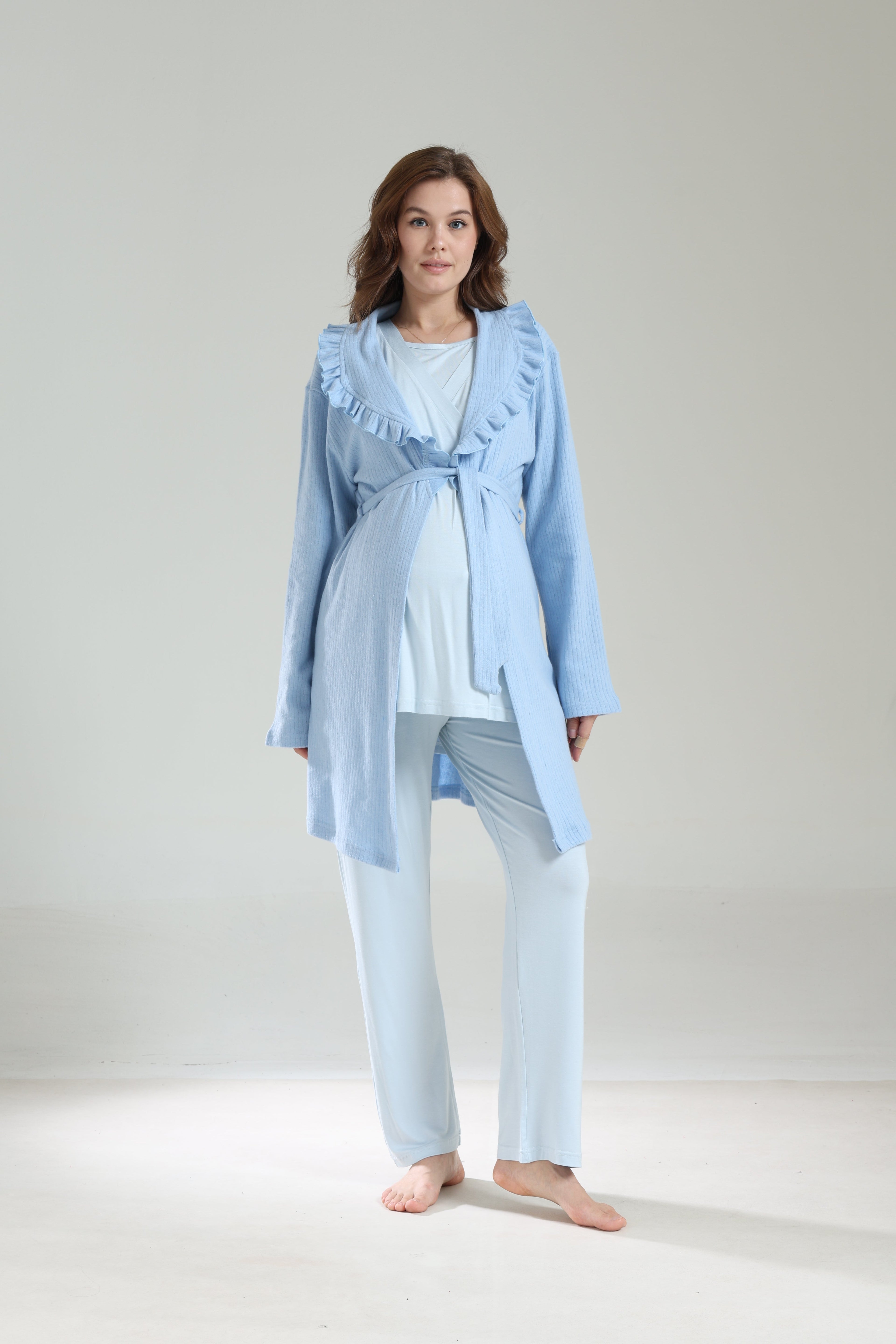 Mavi  Bebe Yaka Sabahlıklı Kruvaze Lohusa Pijama Takımı 1039