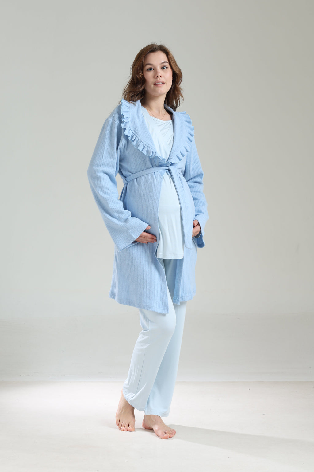 Mavi  Bebe Yaka Sabahlıklı Kruvaze Lohusa Pijama Takımı 1039