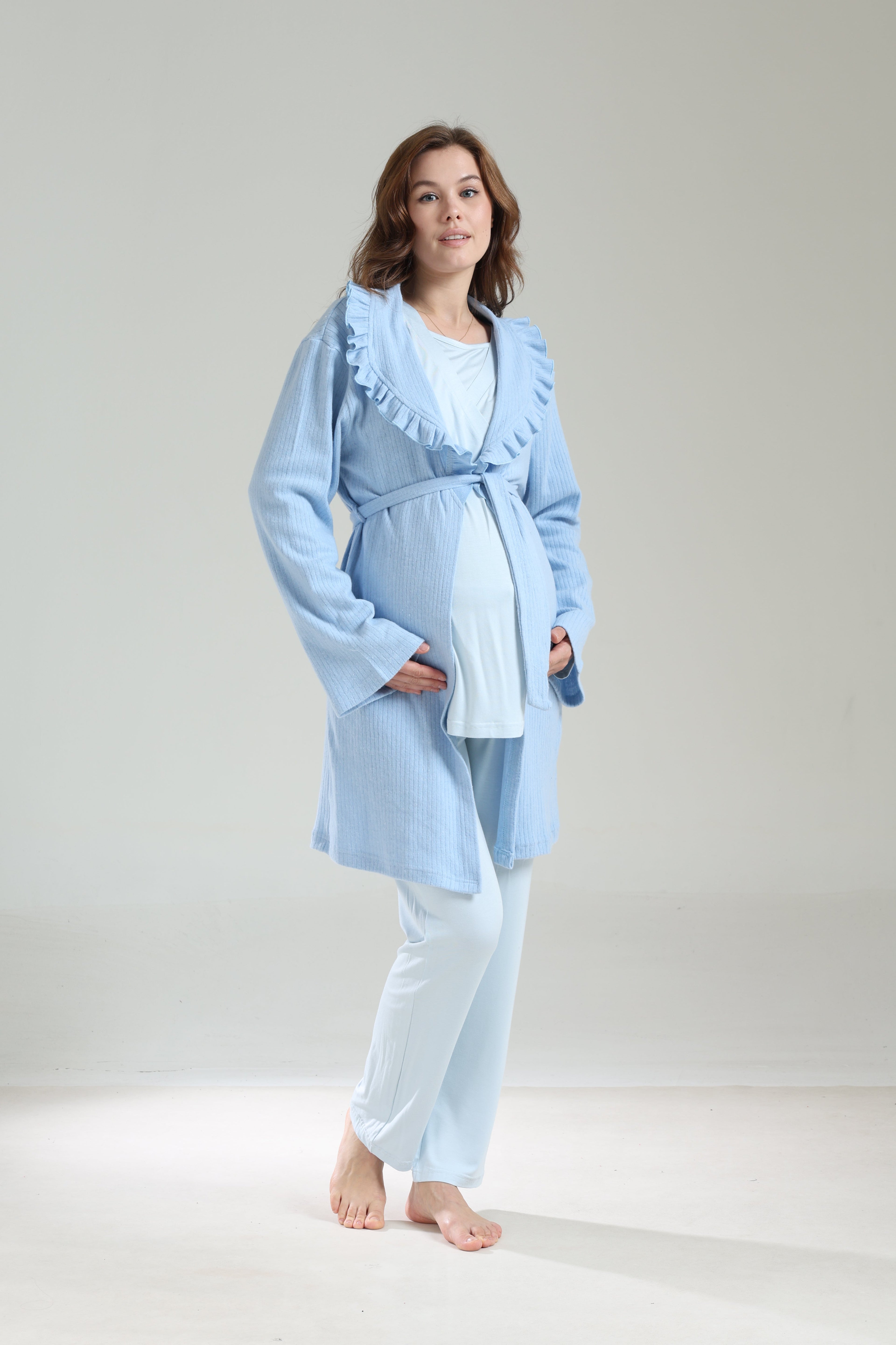 Mavi  Bebe Yaka Sabahlıklı Kruvaze Lohusa Pijama Takımı 1039