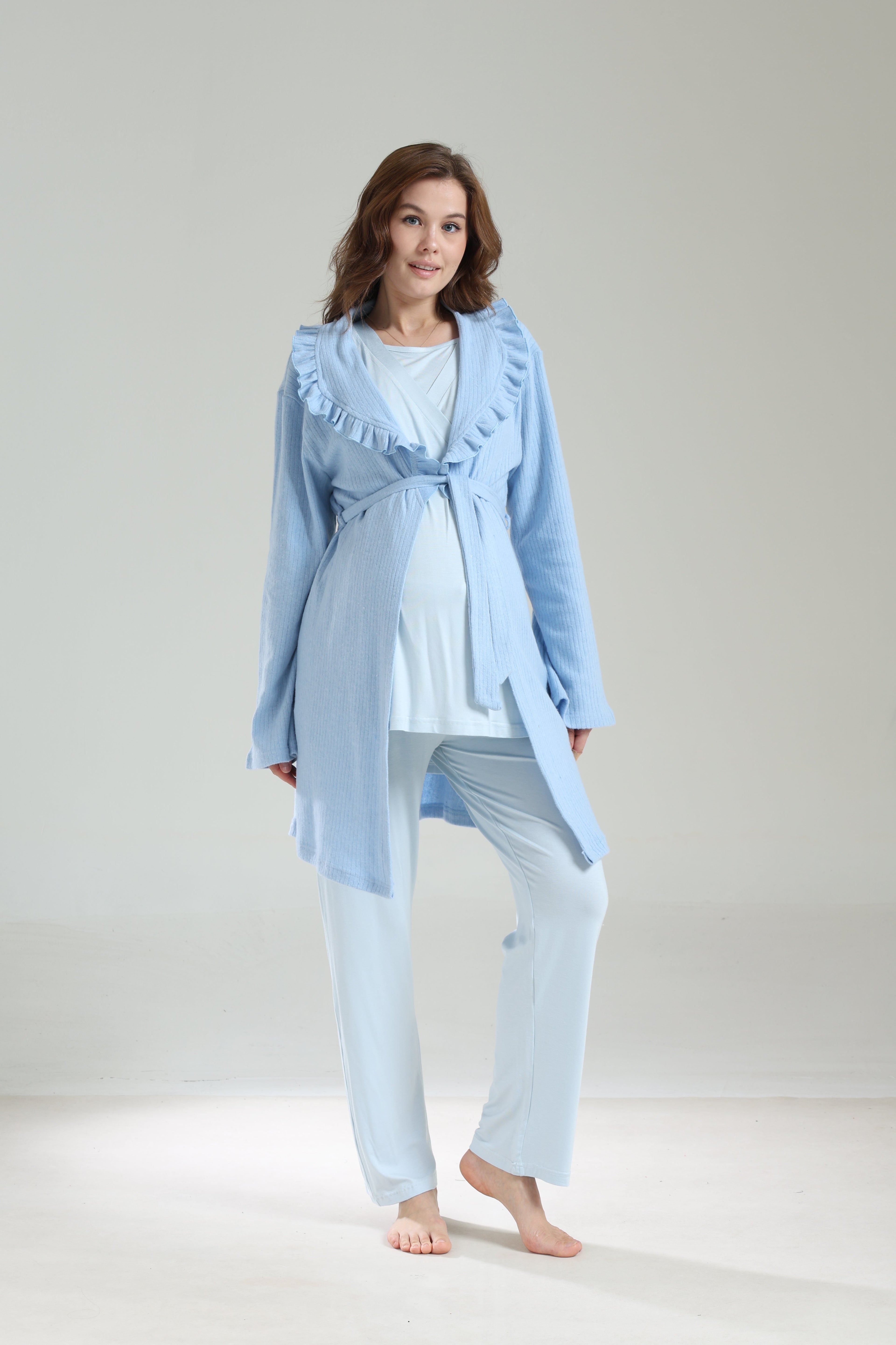 Mavi  Bebe Yaka Sabahlıklı Kruvaze Lohusa Pijama Takımı 1039