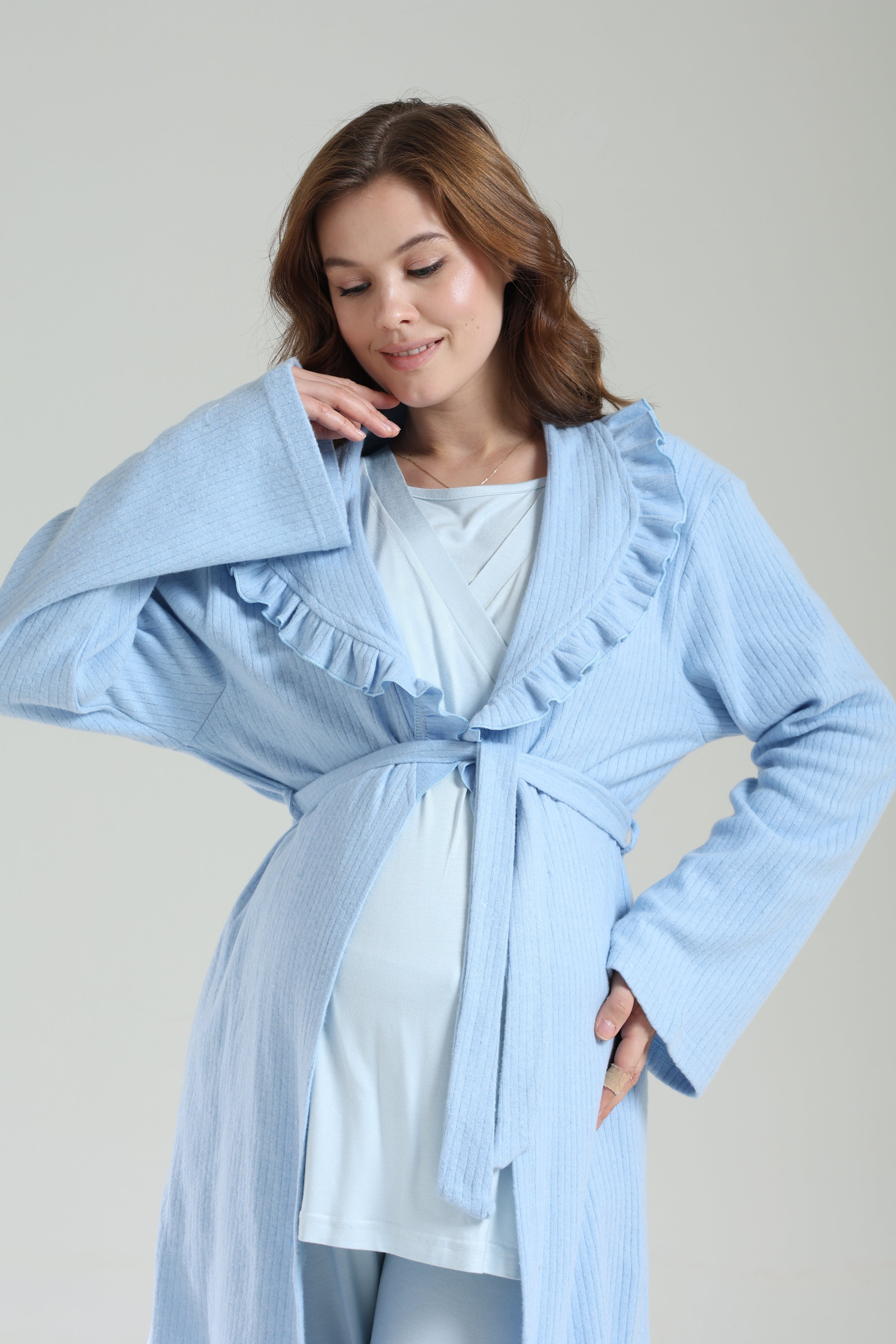 Mavi  Bebe Yaka Sabahlıklı Kruvaze Lohusa Pijama Takımı 1039
