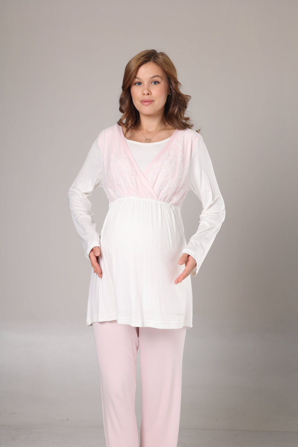 Sabahlıklı Kruvaze Yaka Lohusa Pijama Takımı Pembe - 1000