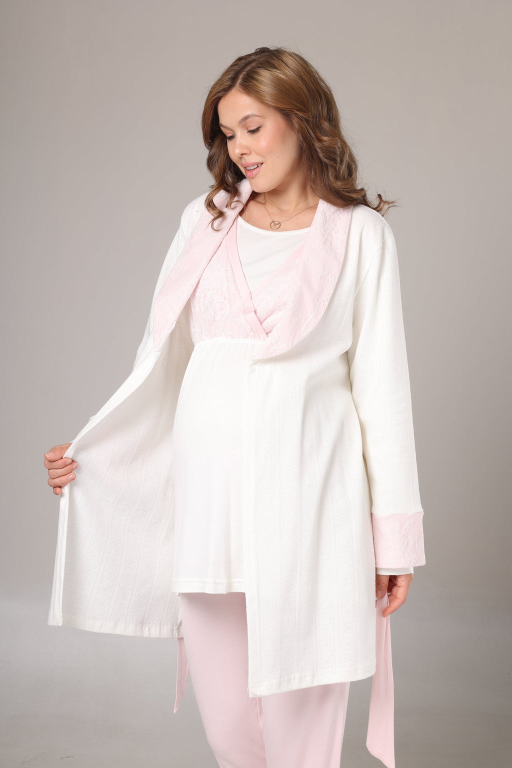 Sabahlıklı Kruvaze Yaka Lohusa Pijama Takımı Pembe - 1000