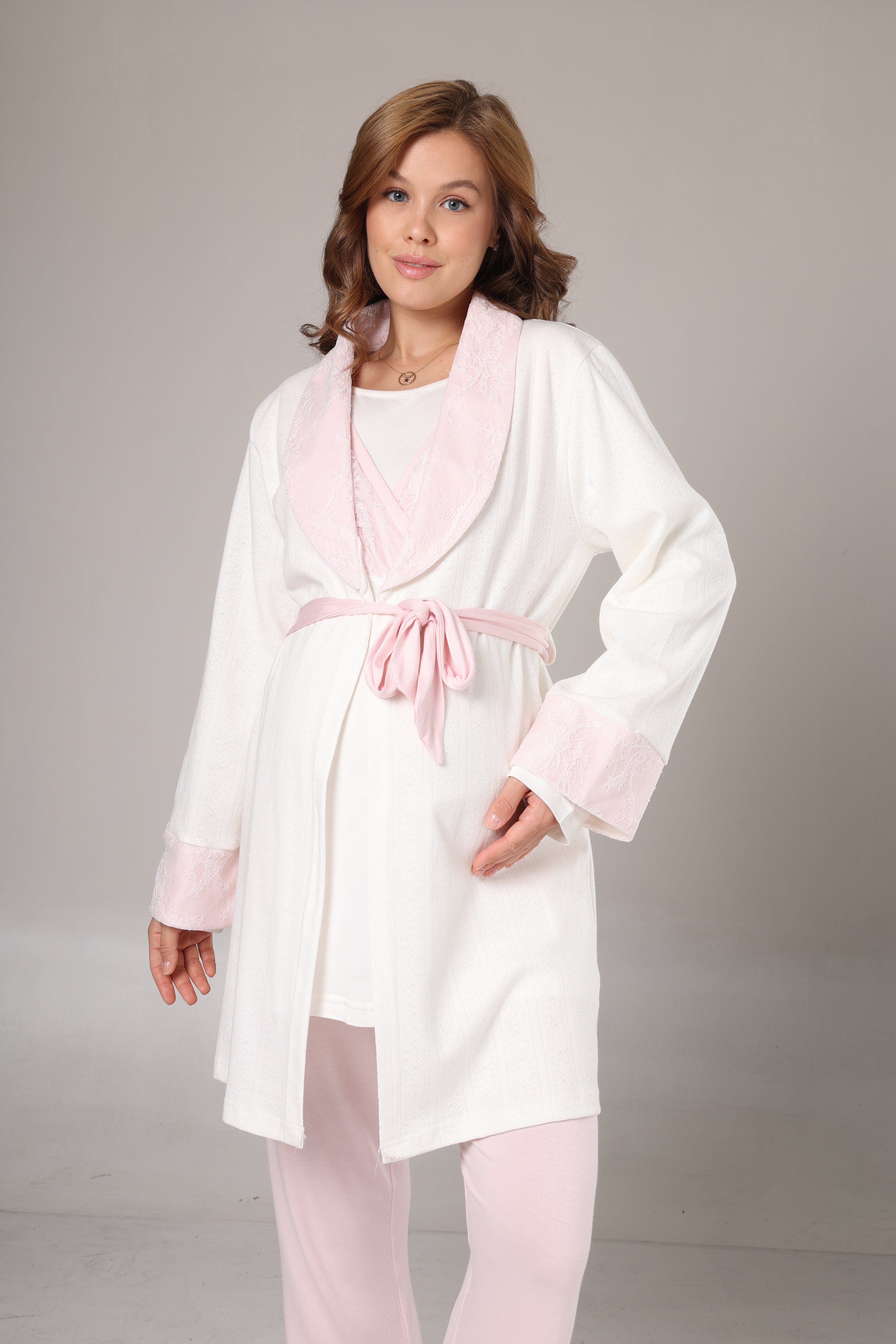 Sabahlıklı Kruvaze Yaka Lohusa Pijama Takımı Pembe - 1000