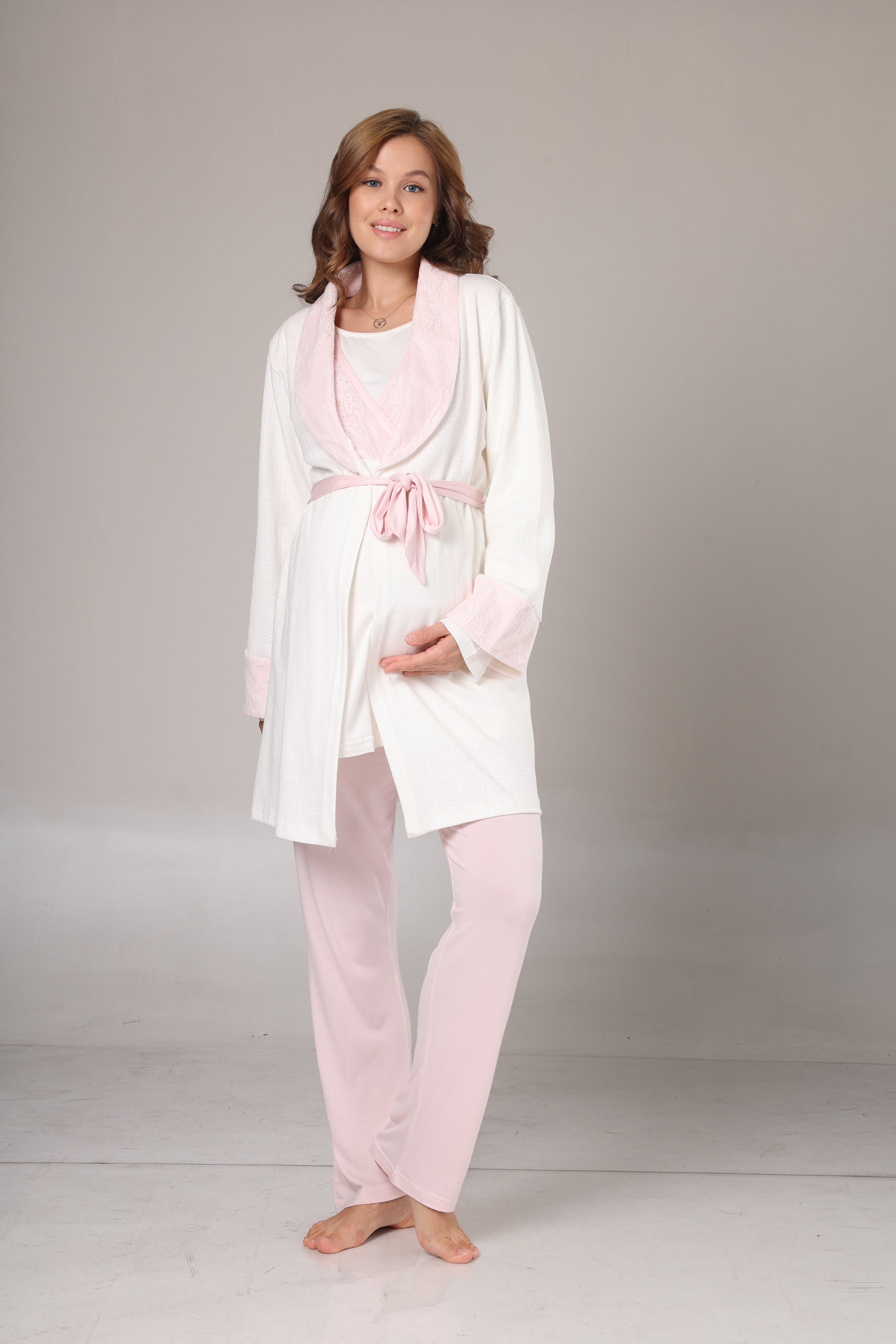 Sabahlıklı Kruvaze Yaka Lohusa Pijama Takımı Pembe - 1000