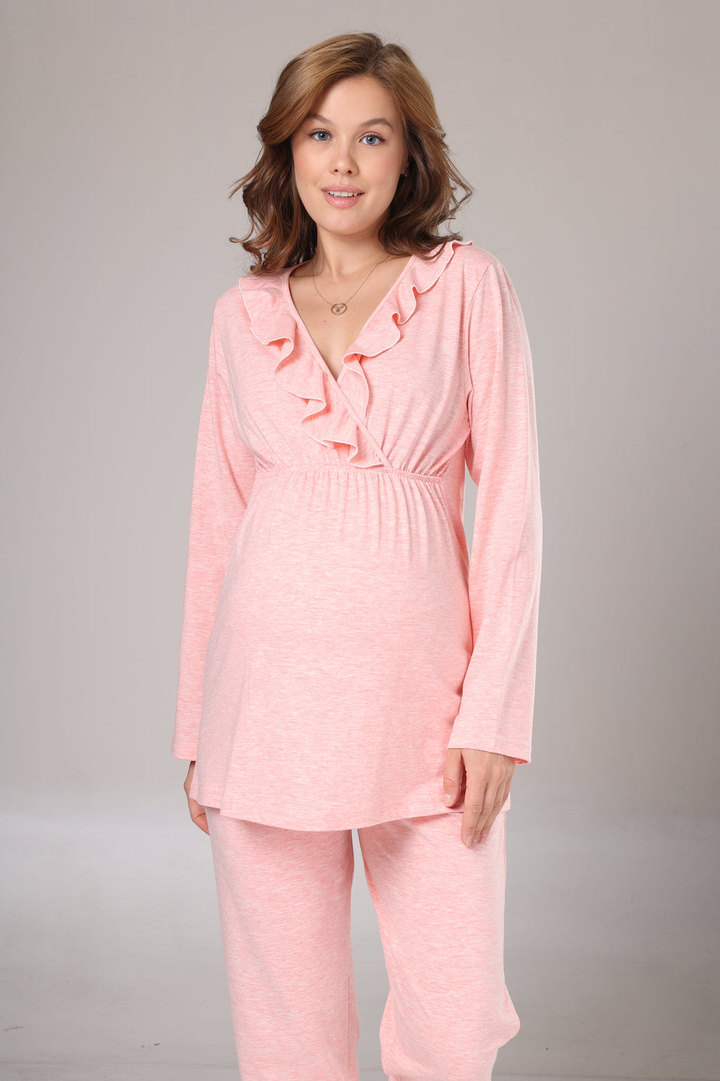 Pembe  Yumuşak Dokulu Sabahlıklı Kruvaze Lohusa Pijama Takımı 1013