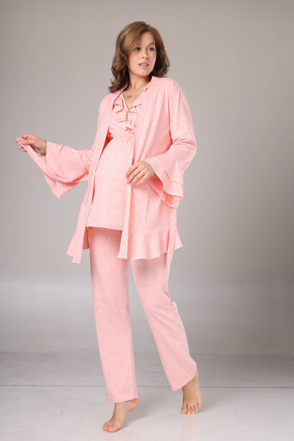 Pembe  Yumuşak Dokulu Sabahlıklı Kruvaze Lohusa Pijama Takımı 1013